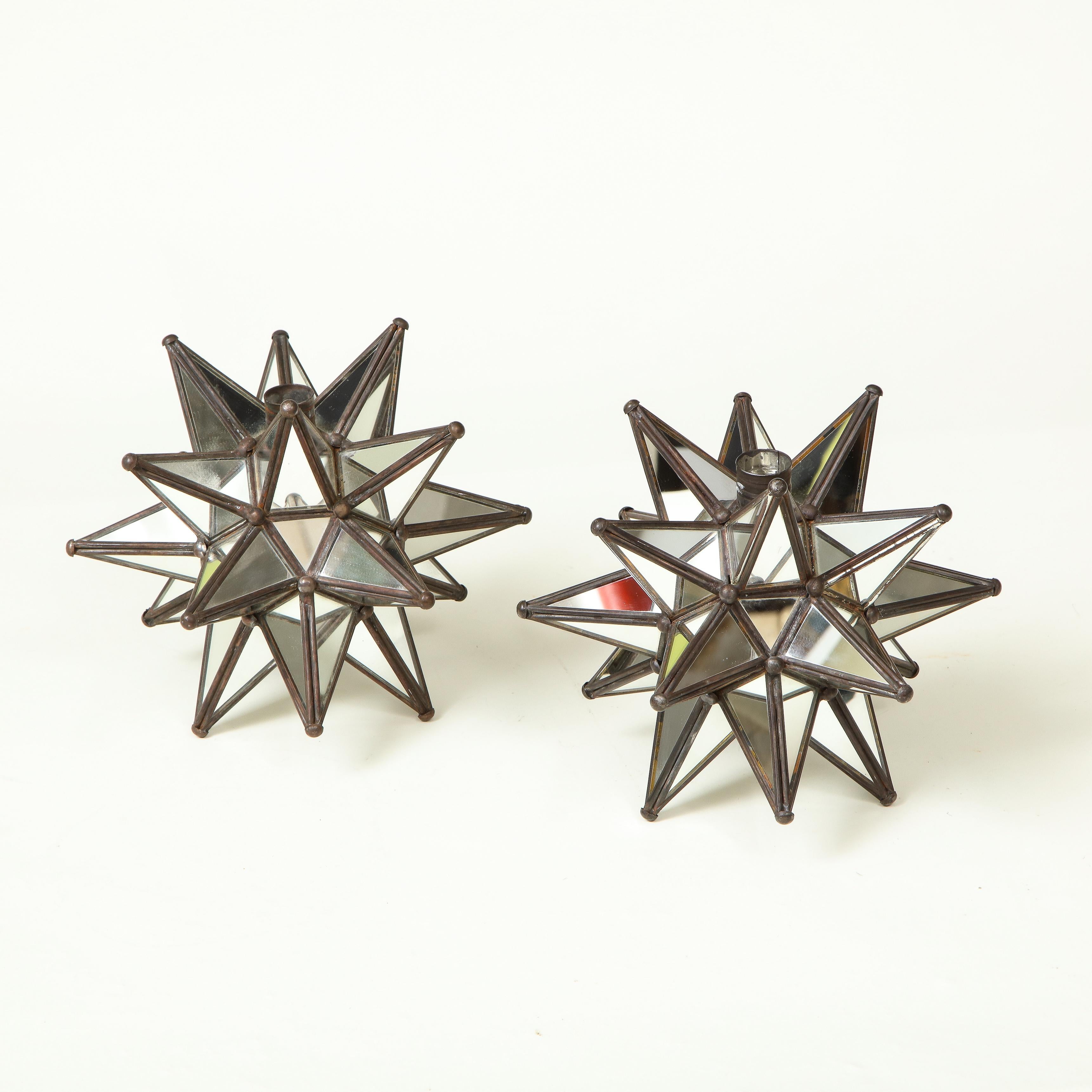 Pair of Mirrored Glass Star Candleholders In Excellent Condition In New York, NY