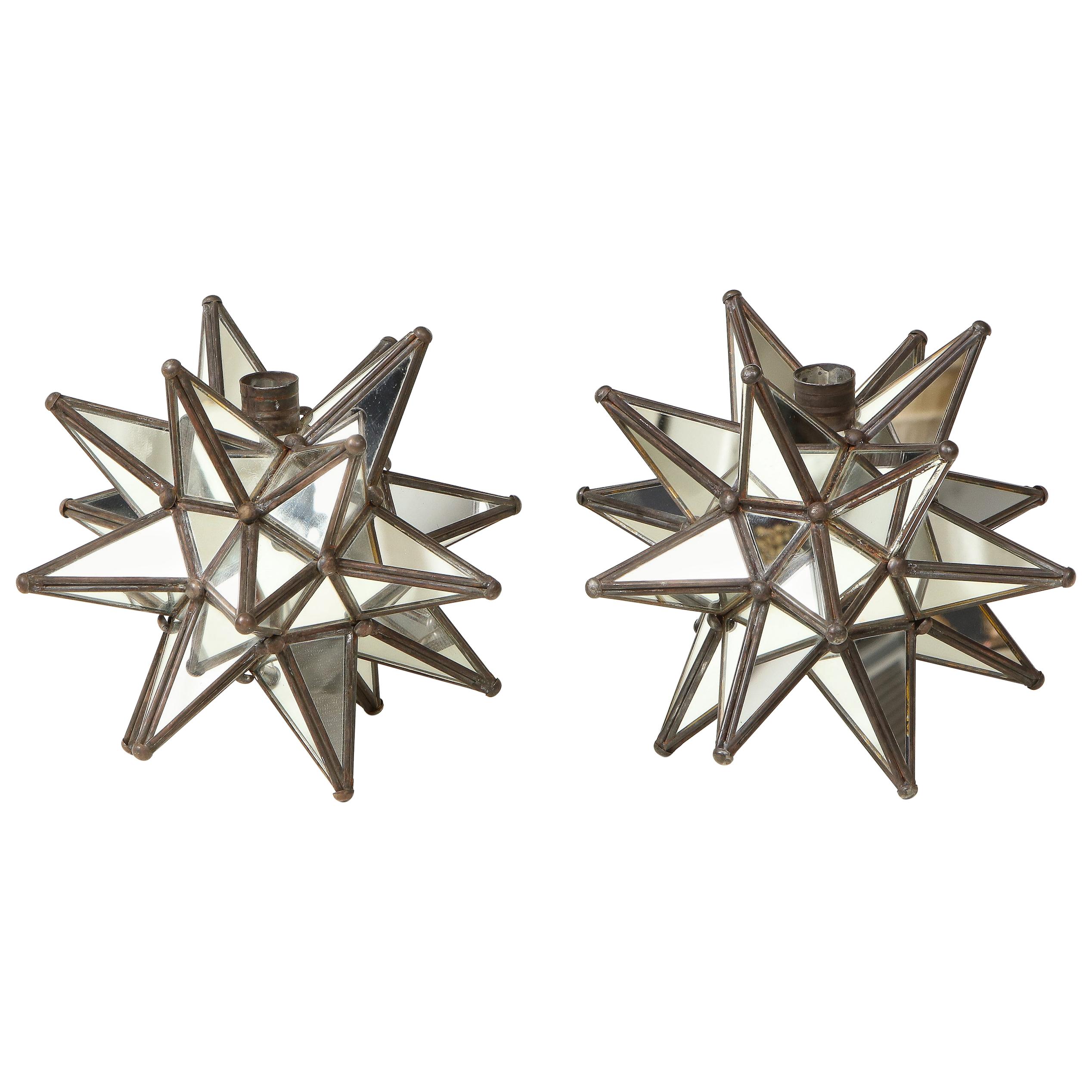 Pair of Mirrored Glass Star Candleholders