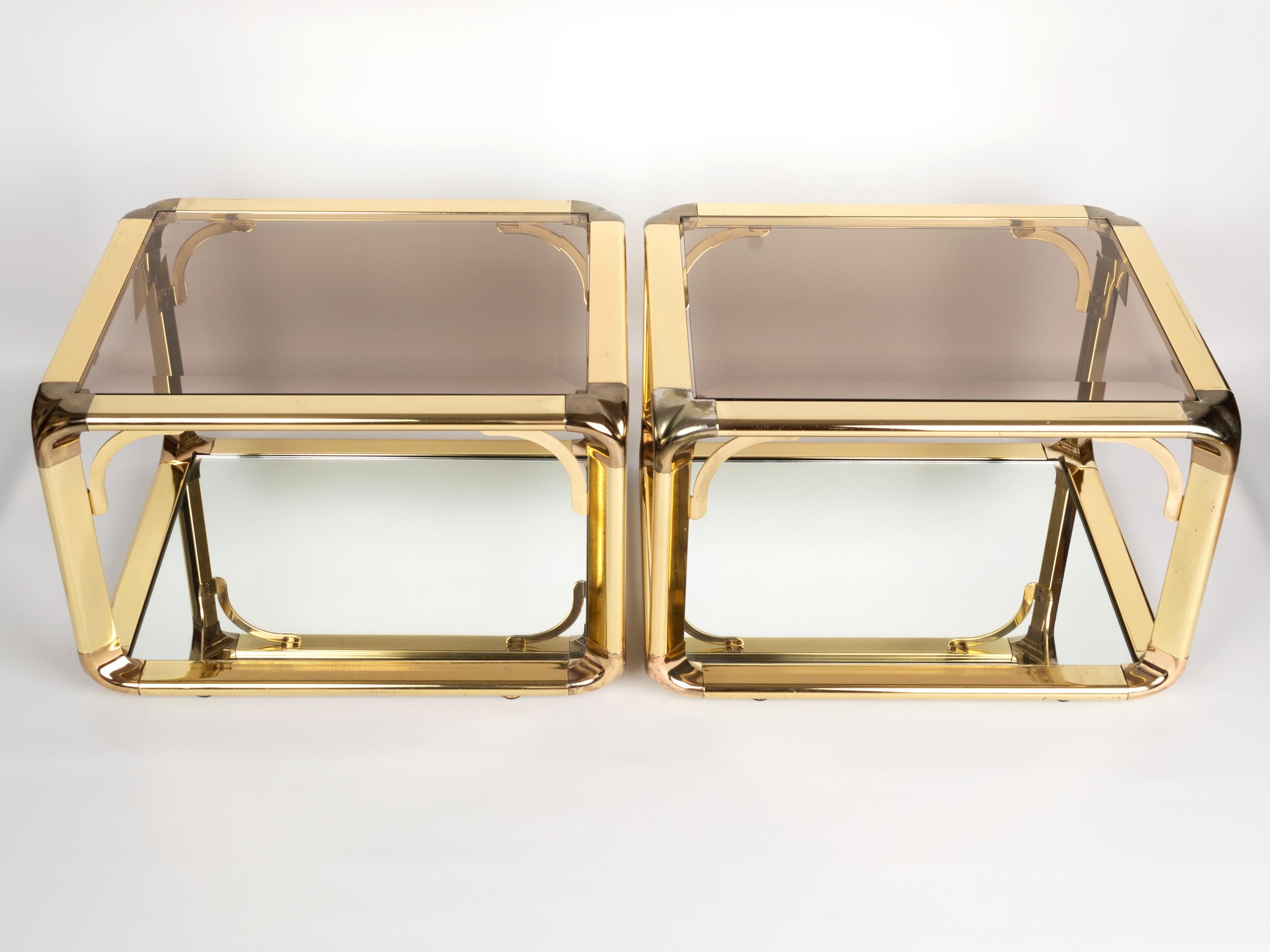 Belgian Pair of Mirrored Gold Chrome End Tables / Side Tables, Belgium, circa 1970 For Sale