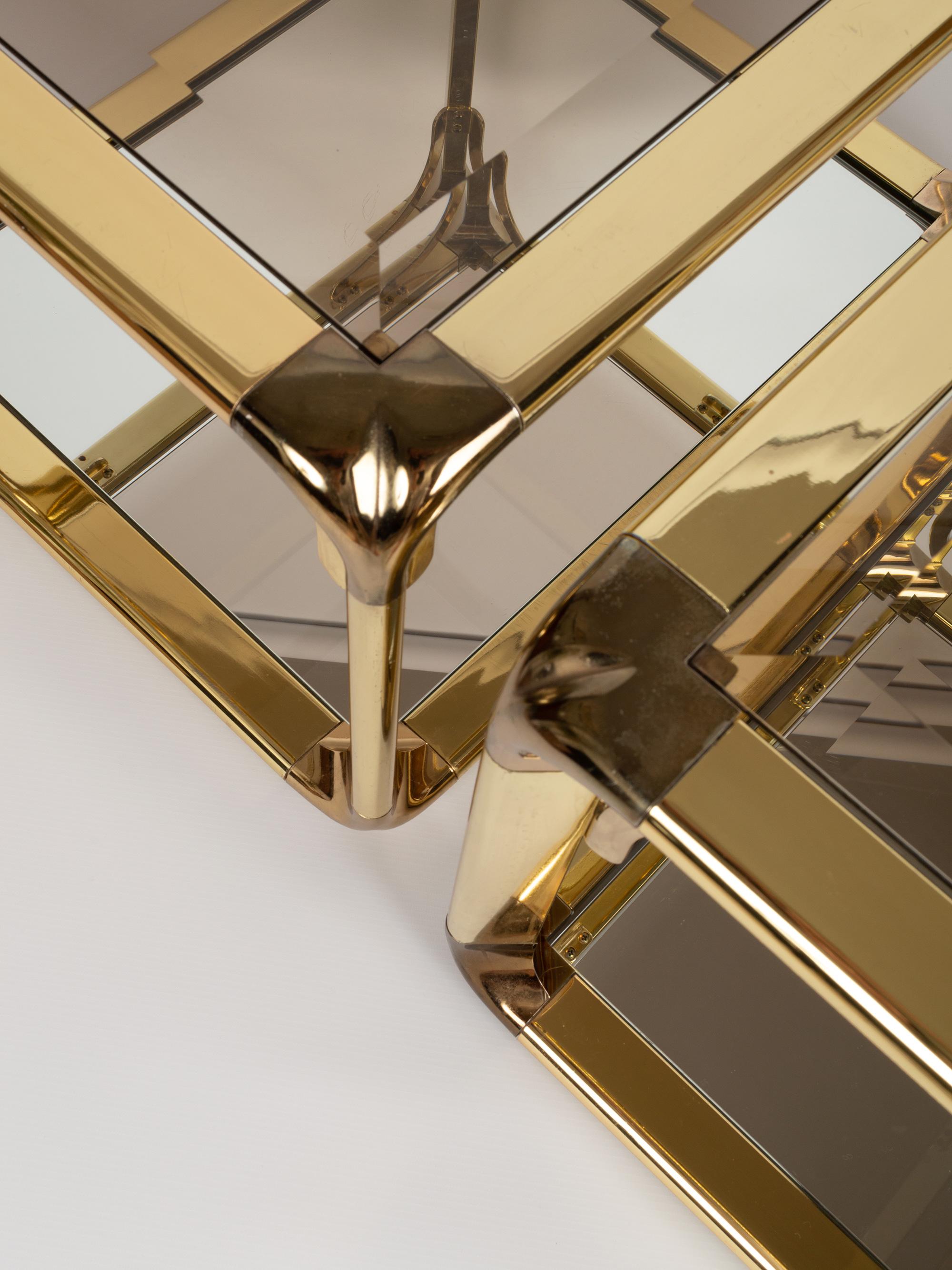 Glass Pair of Mirrored Gold Chrome End Tables / Side Tables, Belgium, circa 1970 For Sale