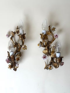 Pair of Mirrored Italian Gilt Metal and Porcelain Rose Sconces, circa 1940s