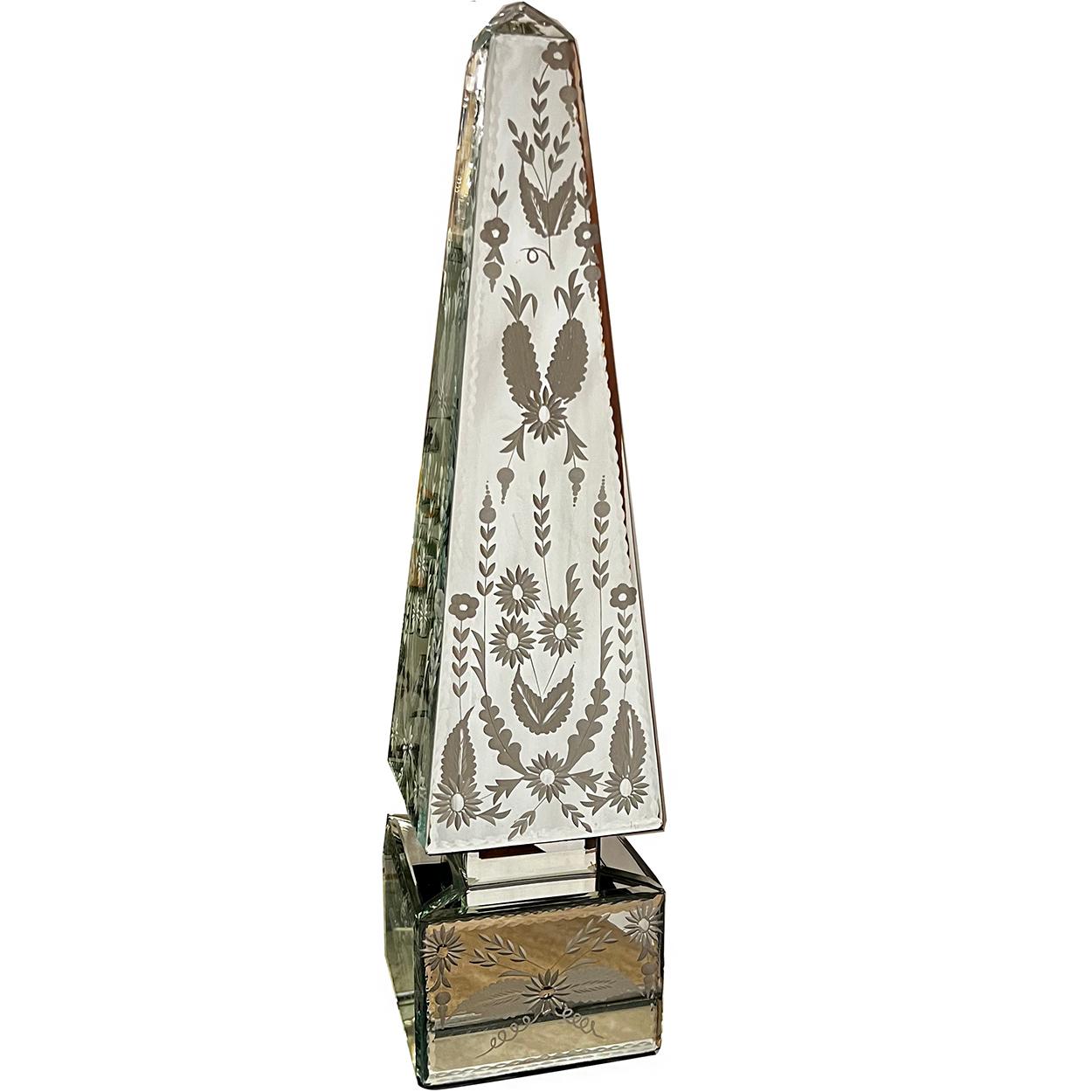 Etched Pair of Mirrored Obelisks For Sale