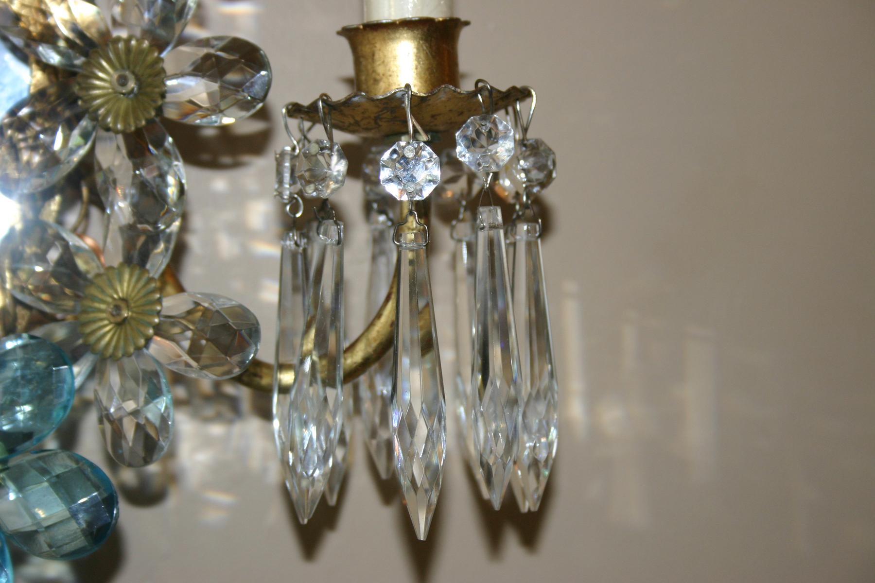 French Pair of Mirrored Sconces with Crystal Flowers For Sale