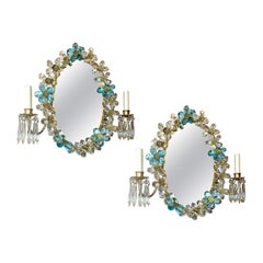 Pair of Mirrored Sconces with Crystal Flowers