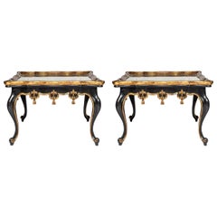 Pair of Mirrored Verre Églomisé Black and Gold Carved Tables