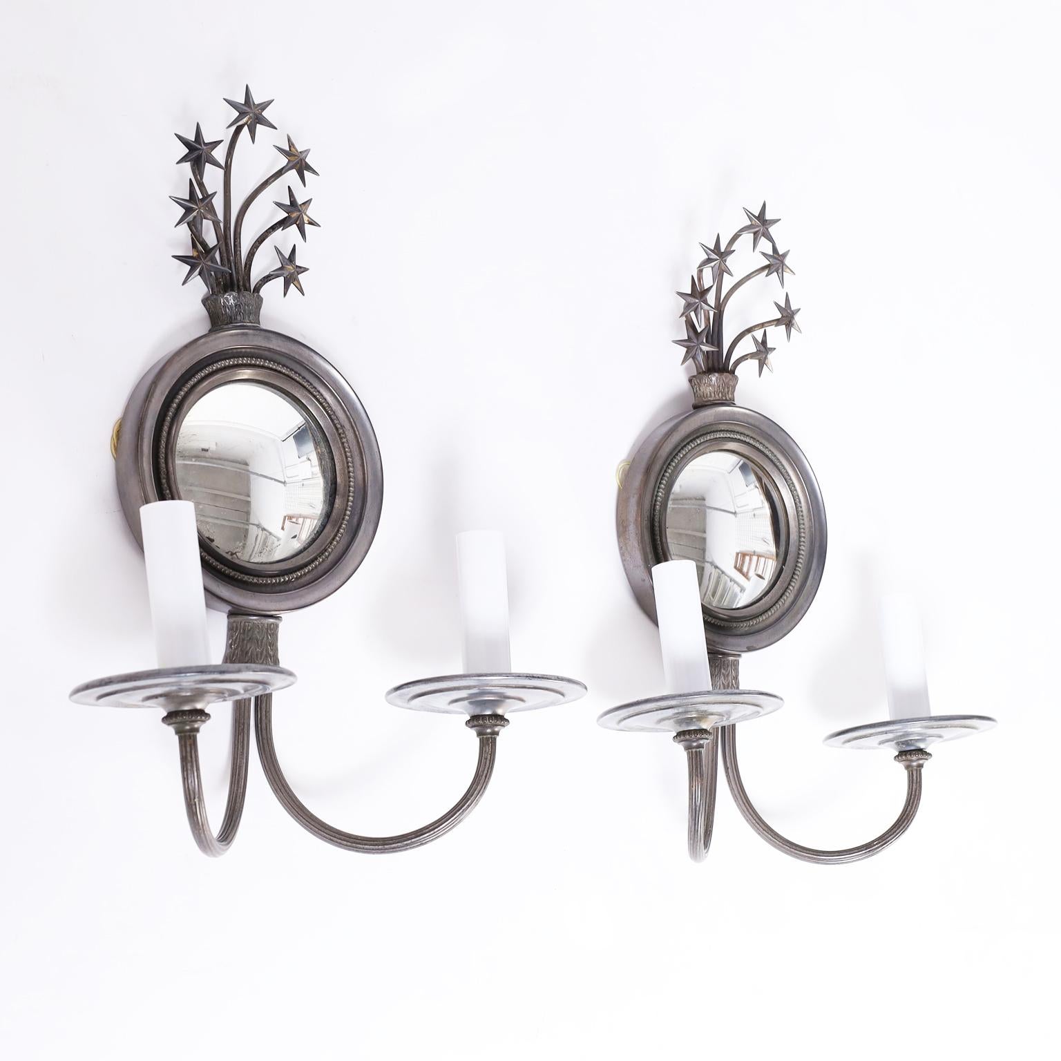Federal Pair of Mirrored Wall Sconces with Stars For Sale