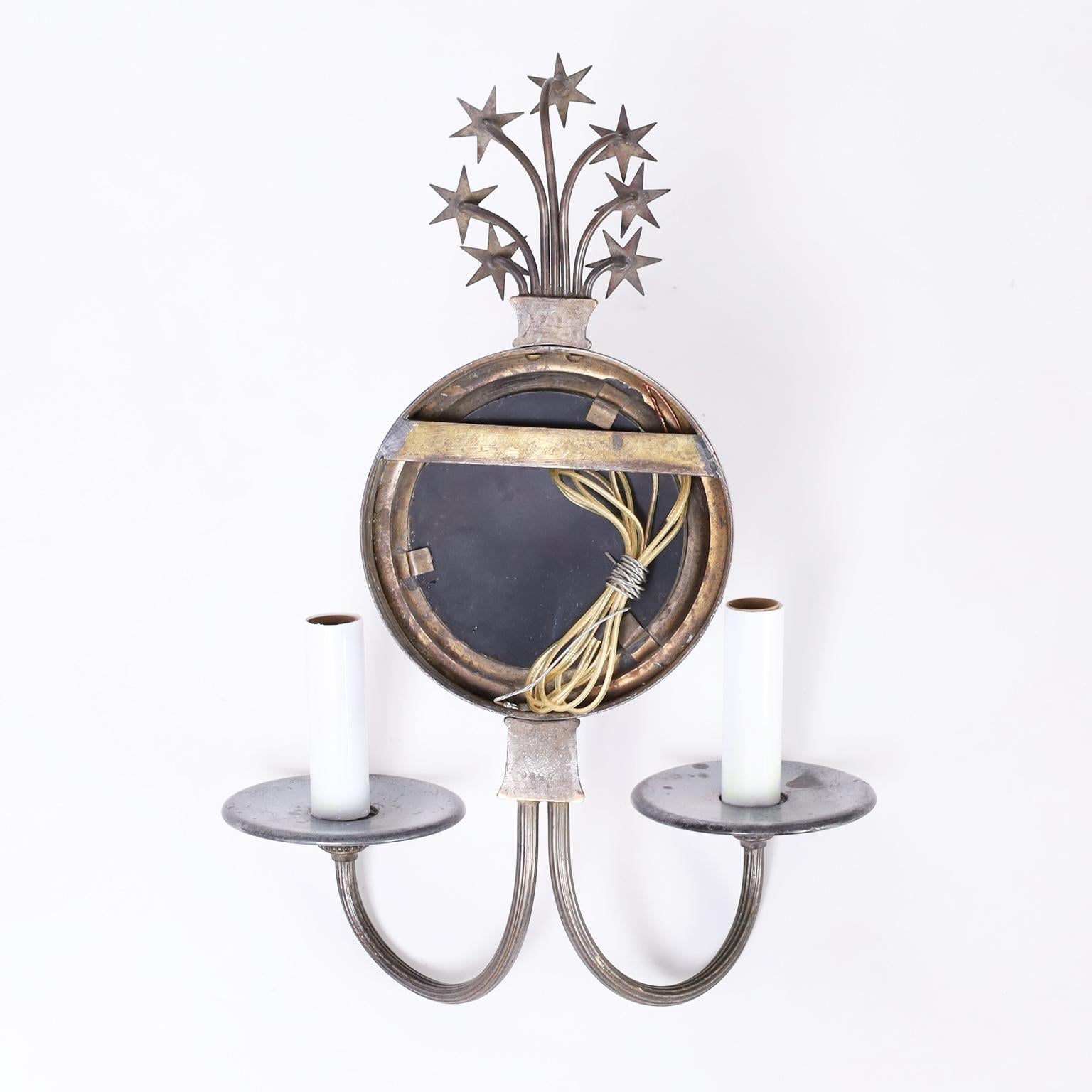 Pair of Mirrored Wall Sconces with Stars For Sale 1