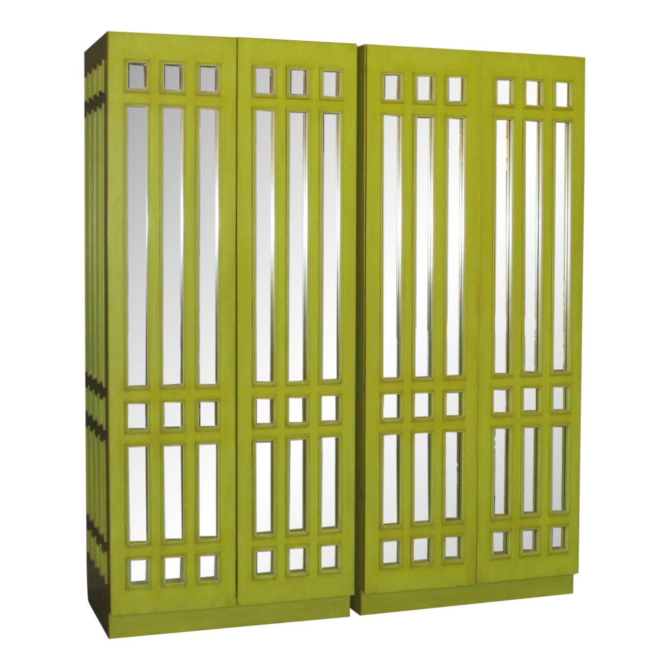 Pair of Mirrored Wardrobe Armoires in Mod Pop Lime Green Lacquer, circa 1970s 2