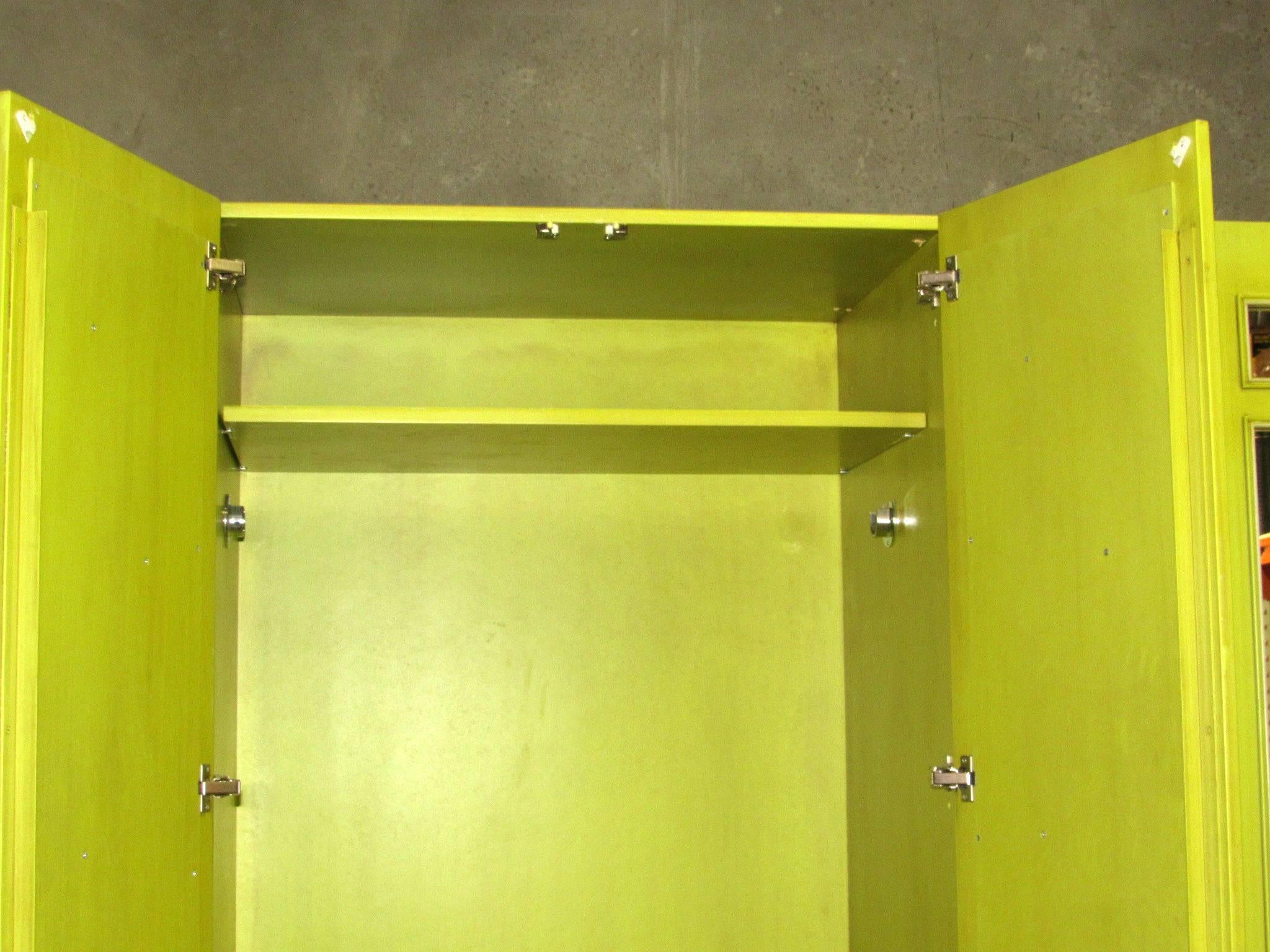 Mid-Century Modern Pair of Mirrored Wardrobe Armoires in Mod Pop Lime Green Lacquer, circa 1970s