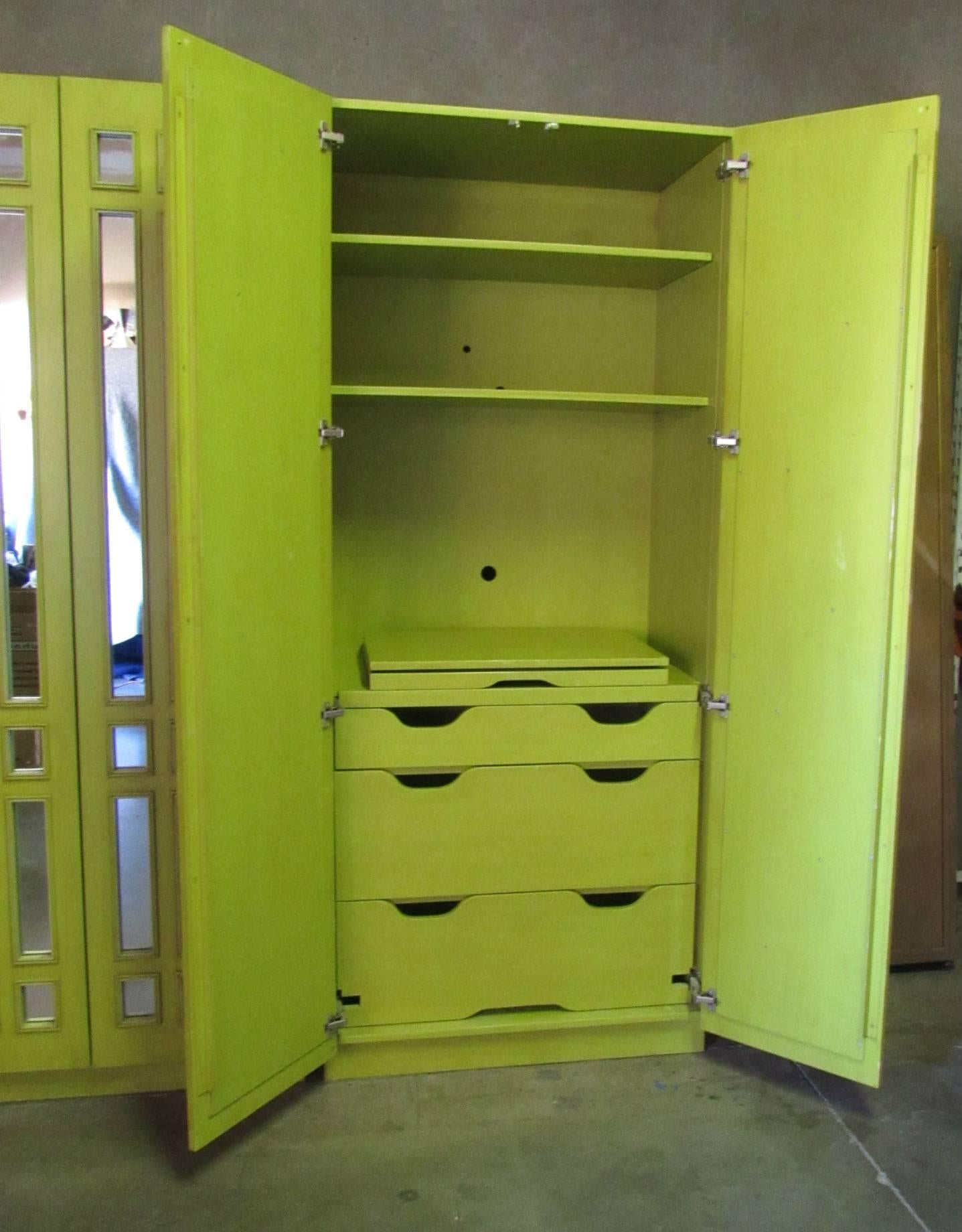 American Pair of Mirrored Wardrobe Armoires in Mod Pop Lime Green Lacquer, circa 1970s