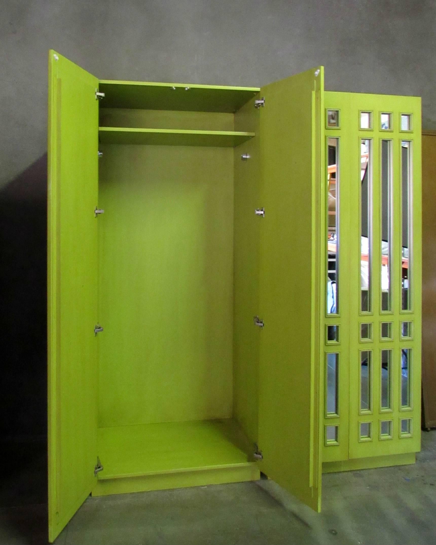 Pair of Mirrored Wardrobe Armoires in Mod Pop Lime Green Lacquer, circa 1970s 1