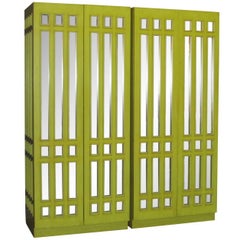 Vintage Pair of Mirrored Wardrobe Armoires in Mod Pop Lime Green Lacquer, circa 1970s