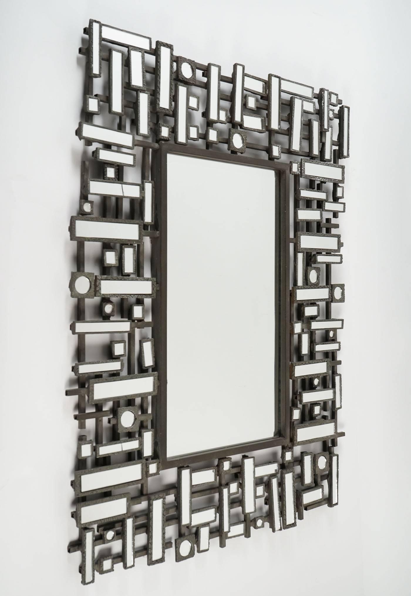 Pair of mirrors, Art Moderne, bevelled edged mirror in stainless steel and resin.