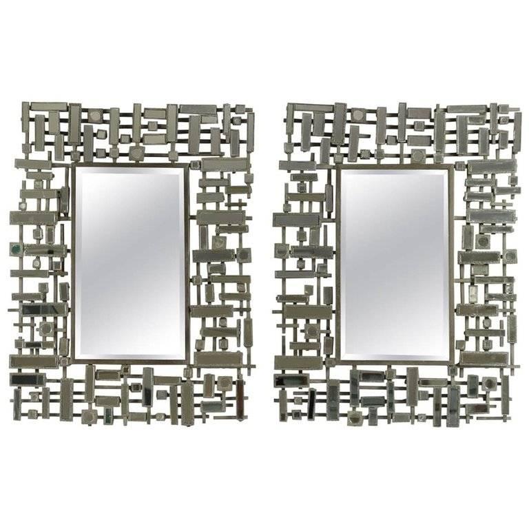 Pair of Mirrors, Art Moderne, bevelled edged mirror in stainless steel and resin