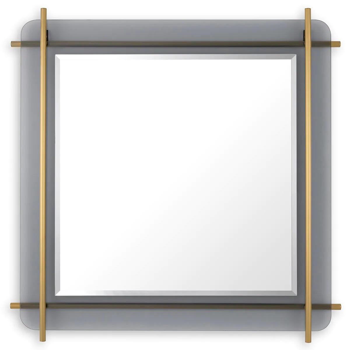 Spiegelpaar, Ausführung in gebürstetem Messing, Rauchglas, abgeschrägter Spiegel. (Französisch) im Angebot