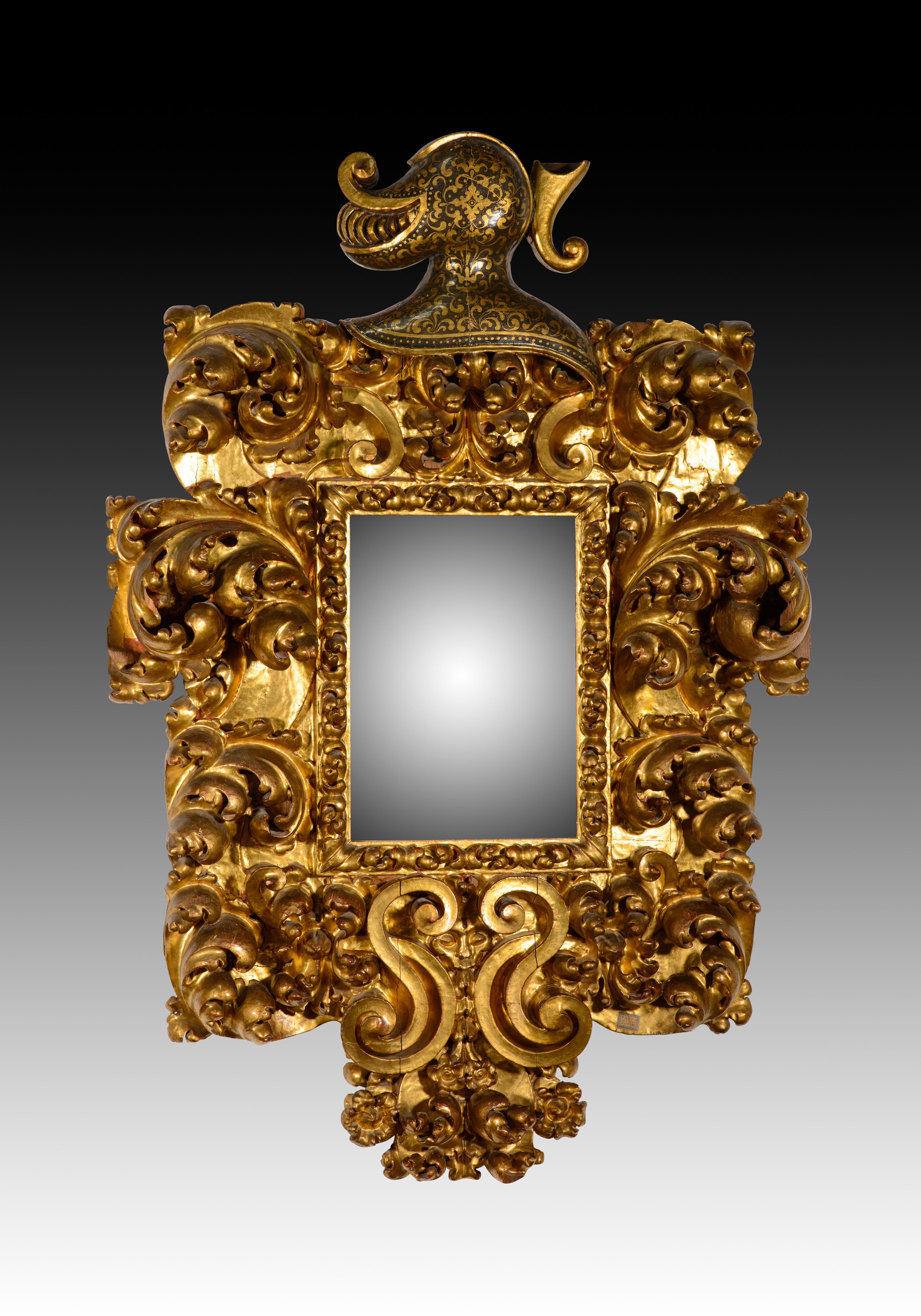 Paire de miroirs. Bois sculpté et polychrome. Spanish School, XVIIe siècle. État moyen - En vente à Madrid, ES
