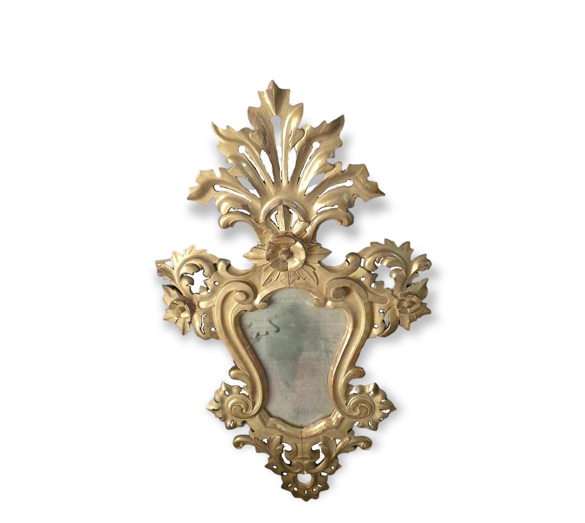 Hand-Carved Pair of Mirrors in Carved and Gilded Wood, Pure Gold Leaf, Louis XV Style For Sale