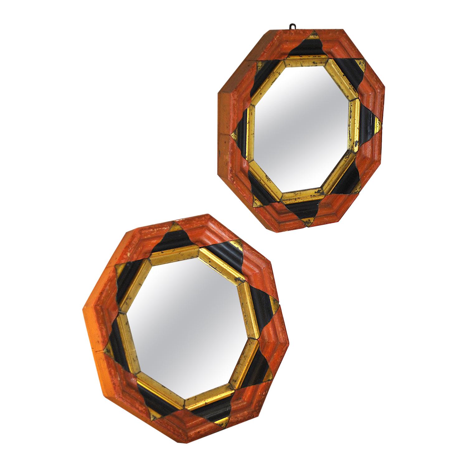 Pair of Mirrors with a Worked Hexagonal Frame
