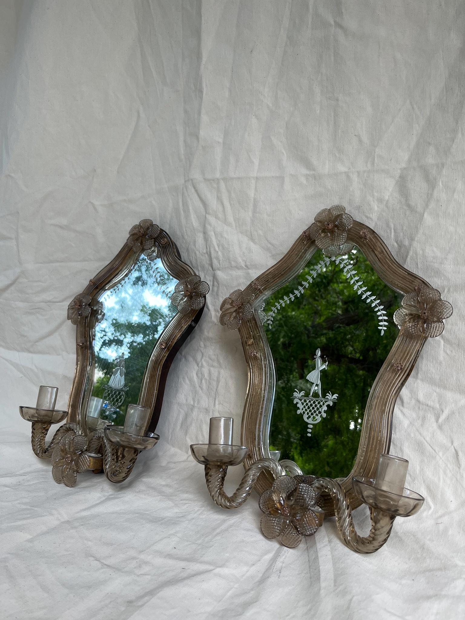 Murano Glass Pair of Mirrors with Two-Light Appliqués, 19th Century Venice For Sale
