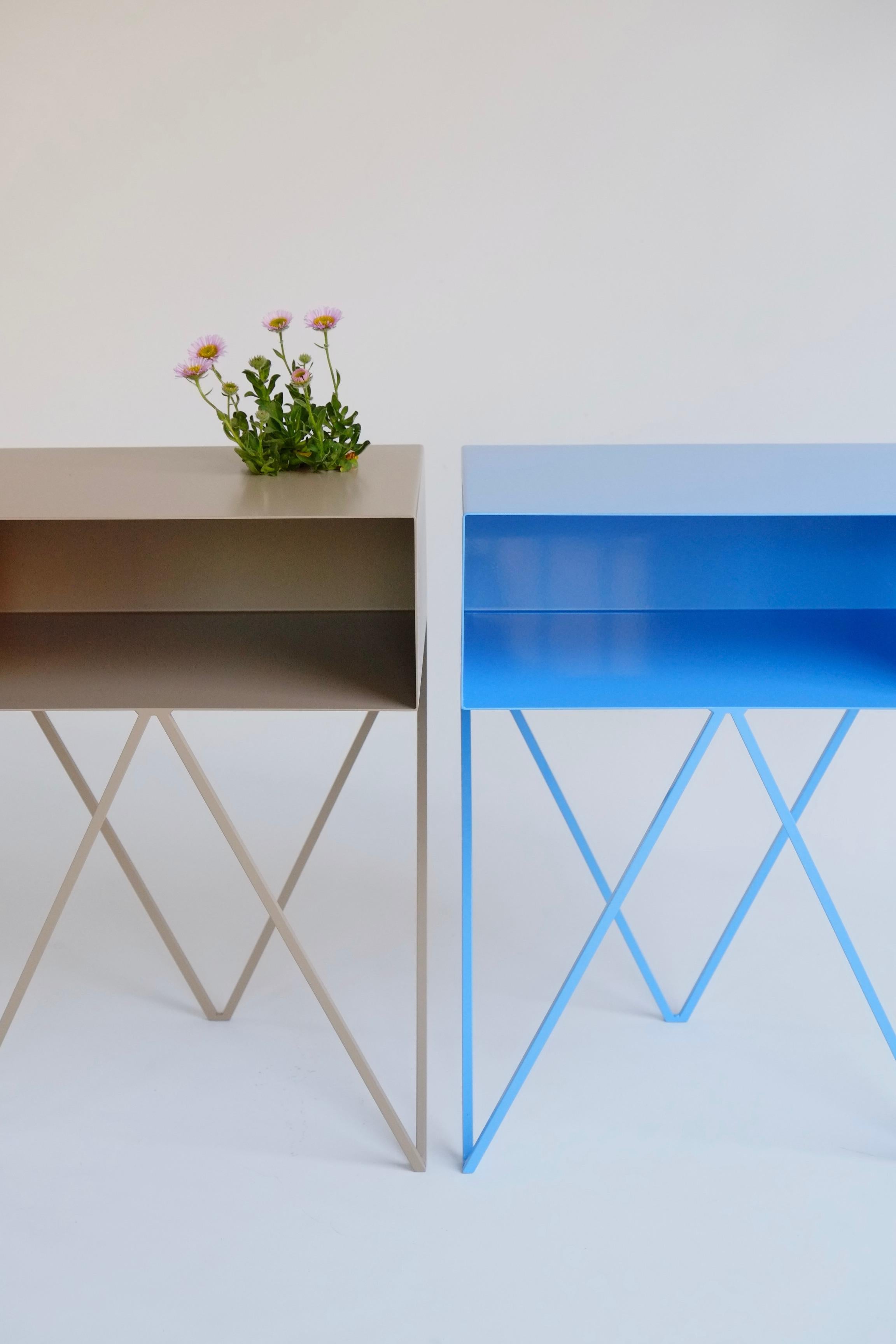 Industrial Pair of Mismatched Blue and Coco Robot Bedside Tables - Nightstands For Sale