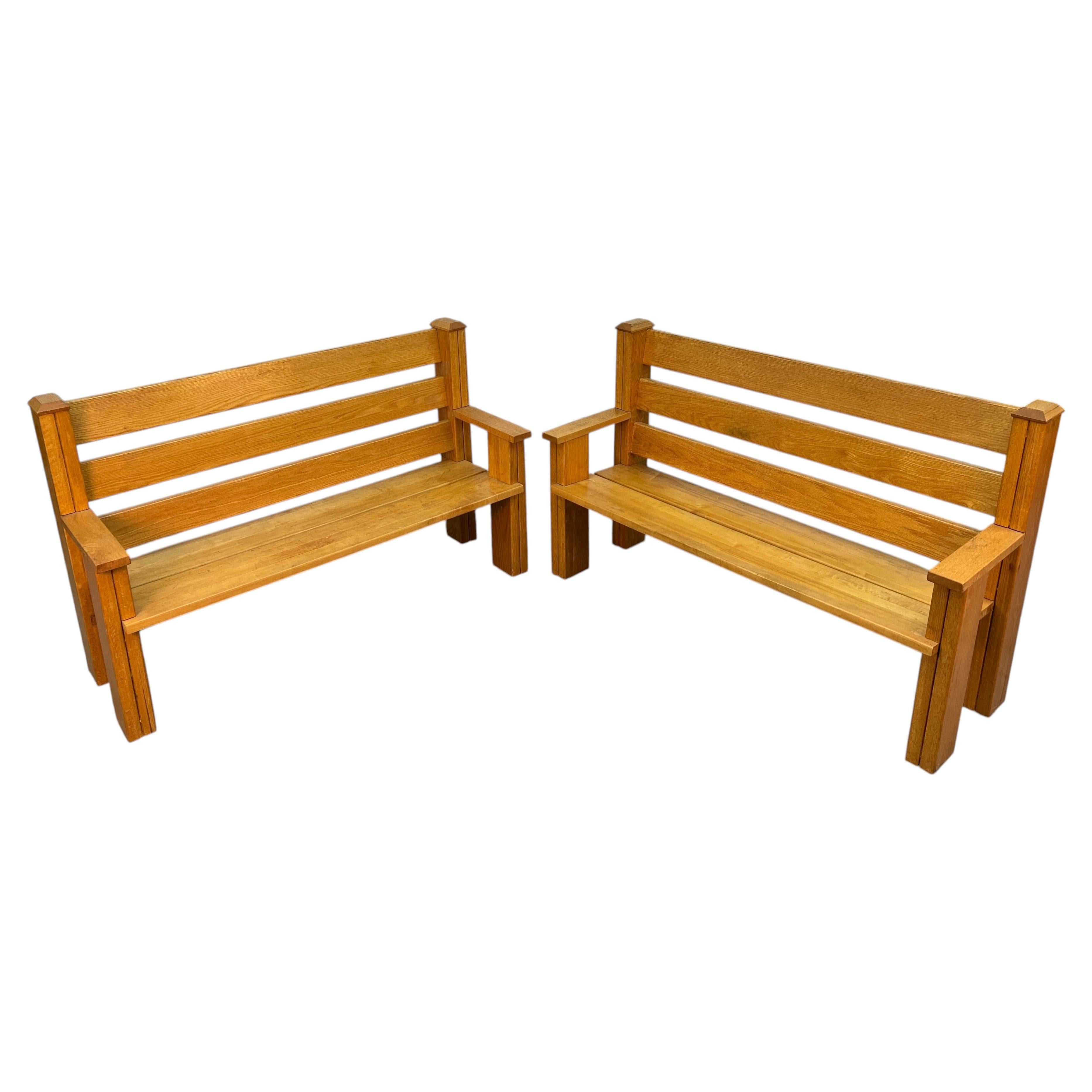 Pair of Mission-Style Solid Oak Slat Benches For Sale
