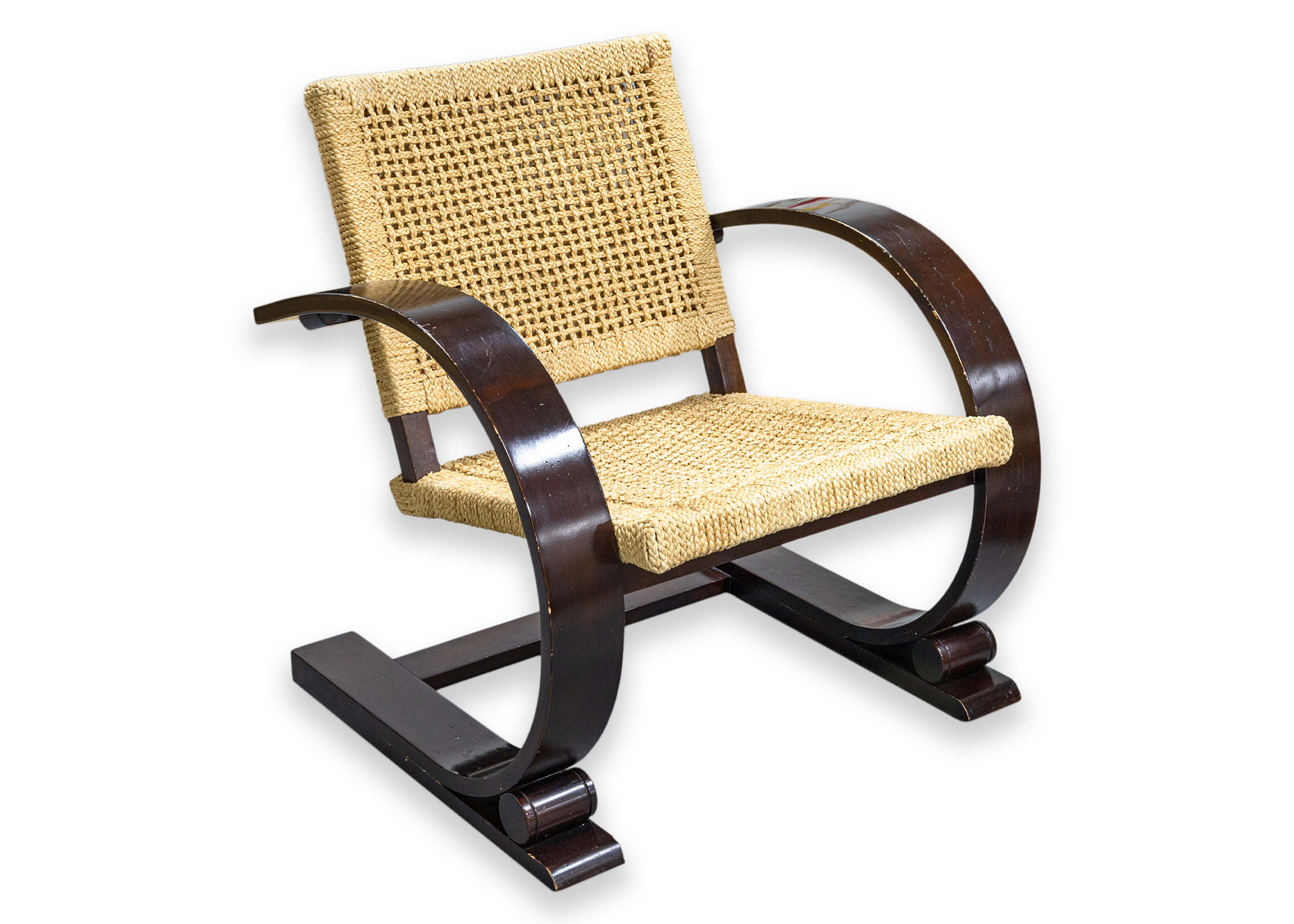 American Pair of Mitchell Gold and Bob Williams Brown Wood and Cane Cantilever Armchairs