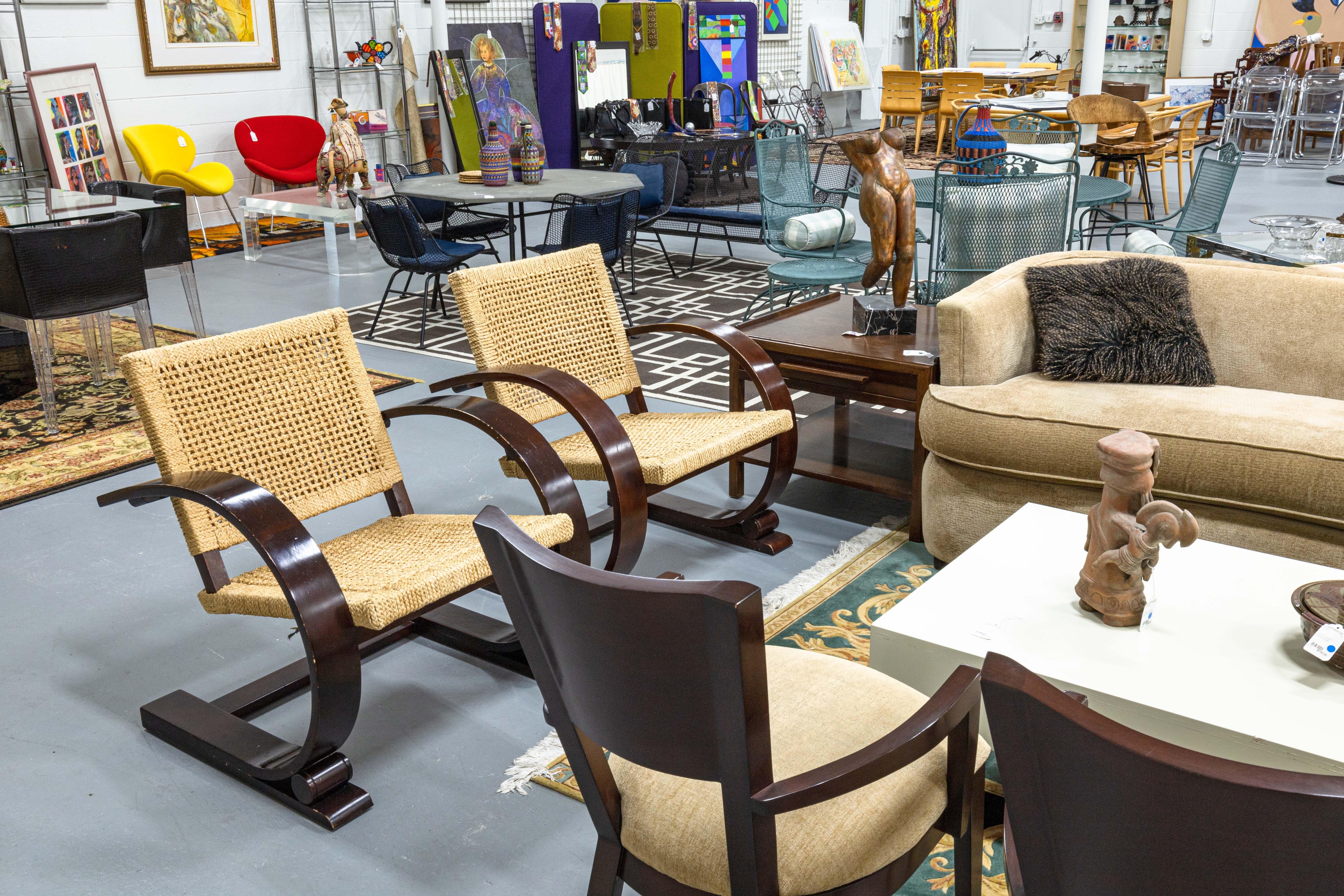 20th Century Pair of Mitchell Gold and Bob Williams Brown Wood and Cane Cantilever Armchairs