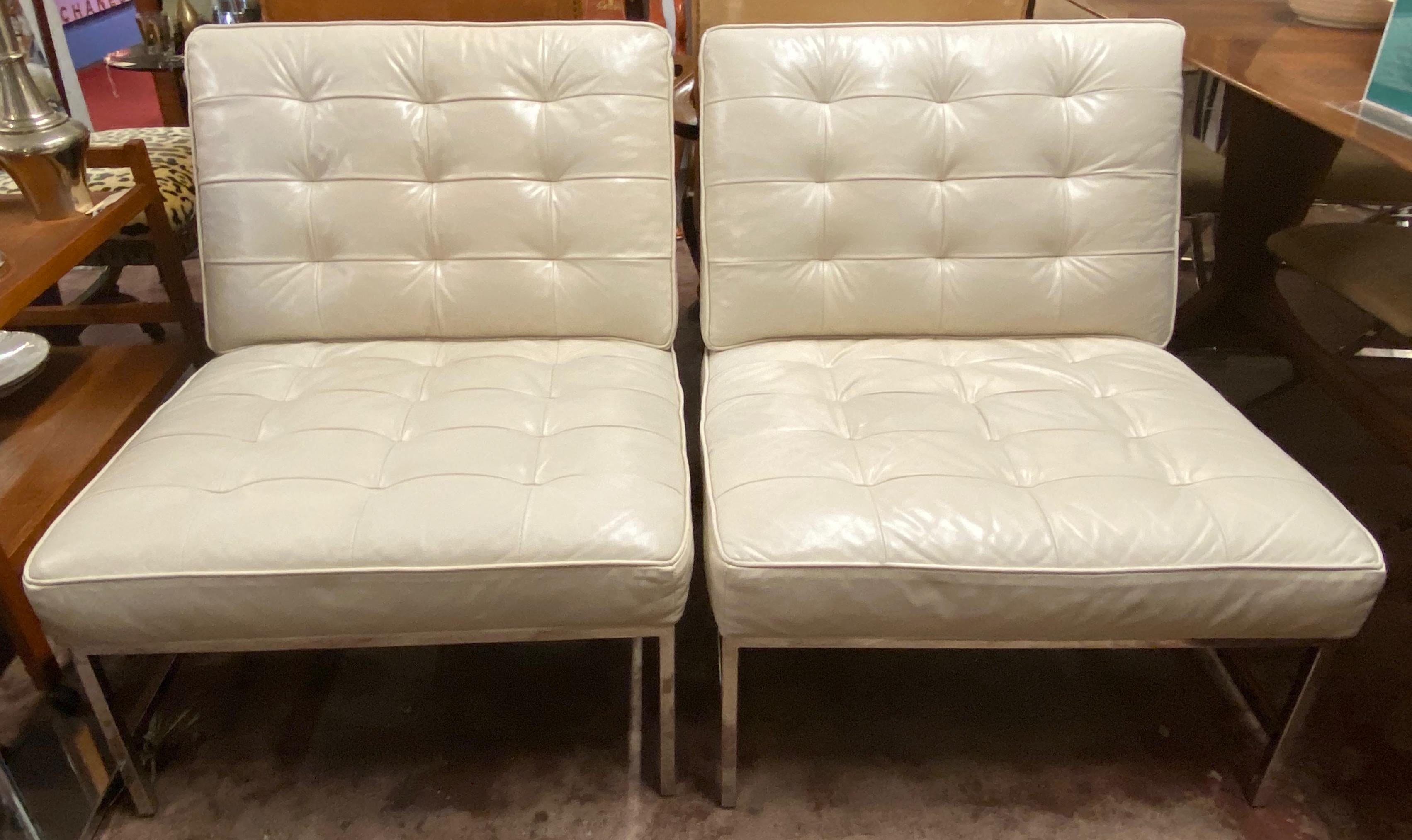 Pair of Mitchell Gold + Paul Williams leather and chrome side chairs with ottoman

Simply the Best! These chairs are strikingly beautiful and extraordinarily comfortable. They offer wonderful support and are a joy to sit and relax in. The quality