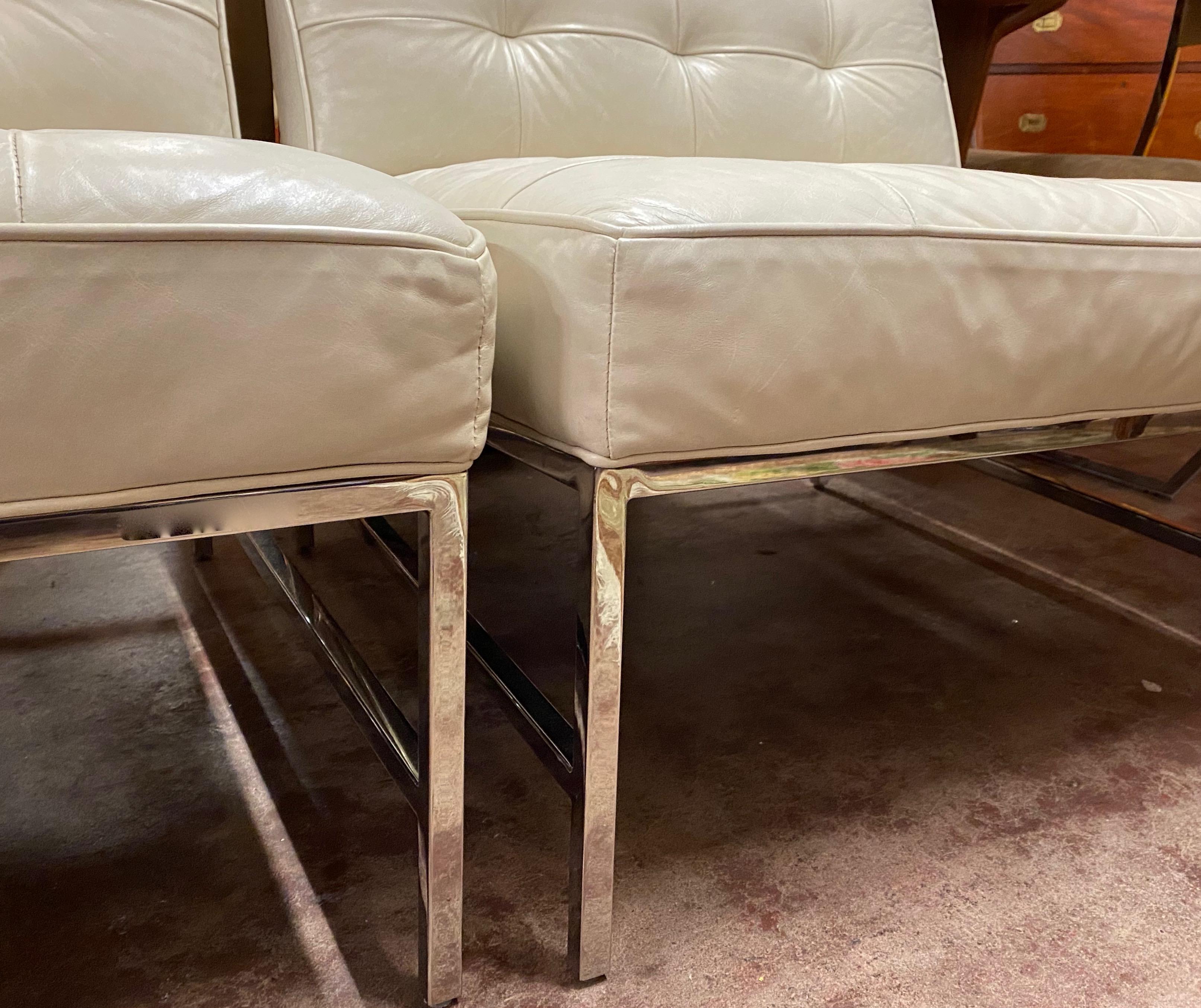 Modern Pair of Mitchell Gold + Paul Williams Leather & Chrome Side Chairs with Ottoman