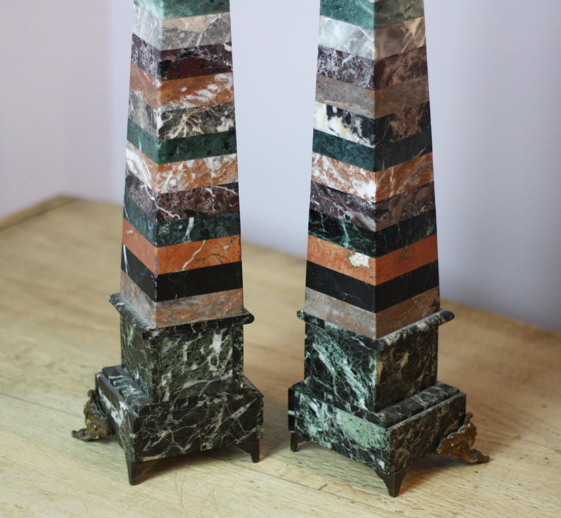 British Pair of Mixed Marble Obelisks For Sale