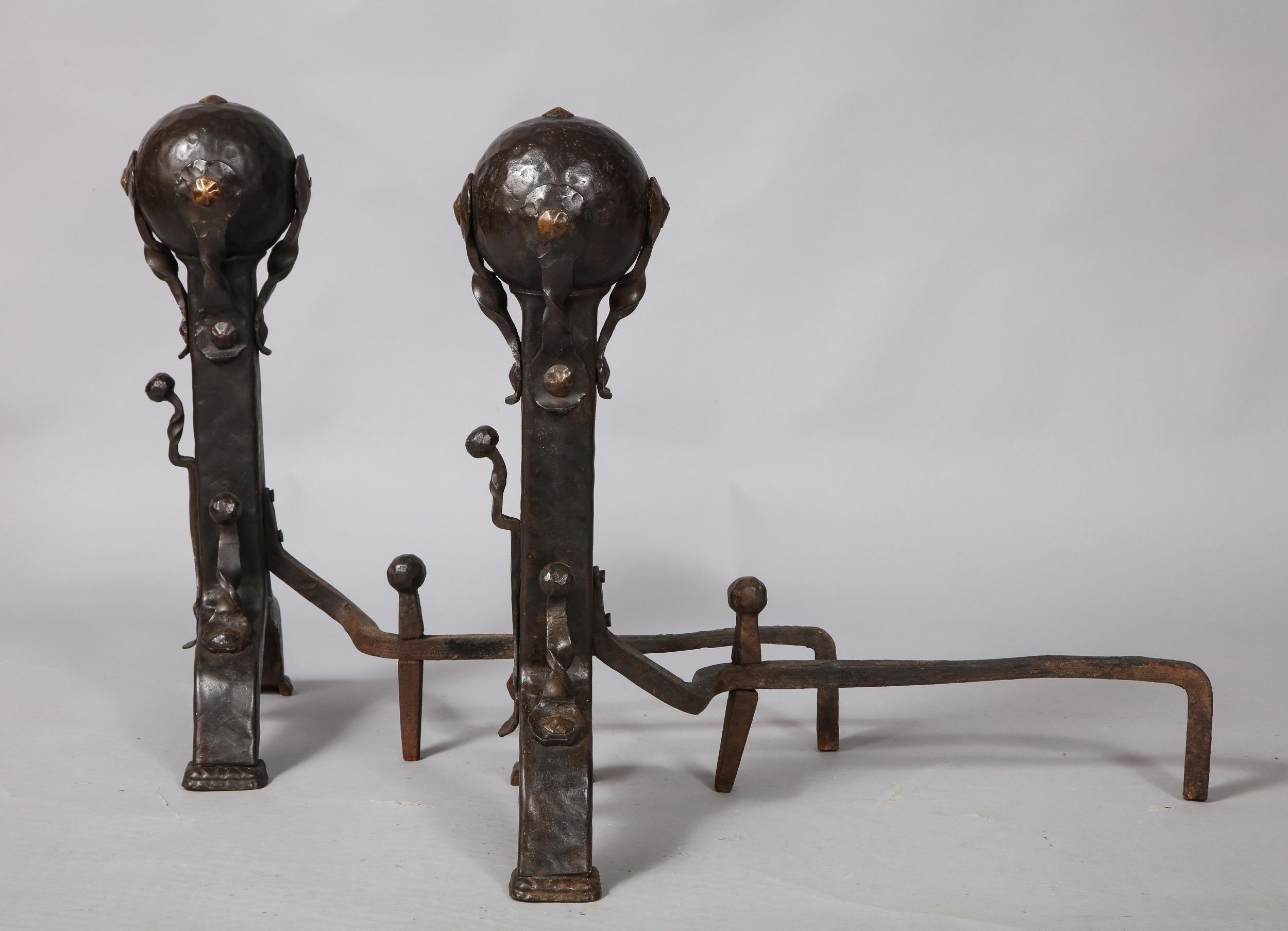 Pair of Iron and Bronze Strapwork Sphere Andirons For Sale 3