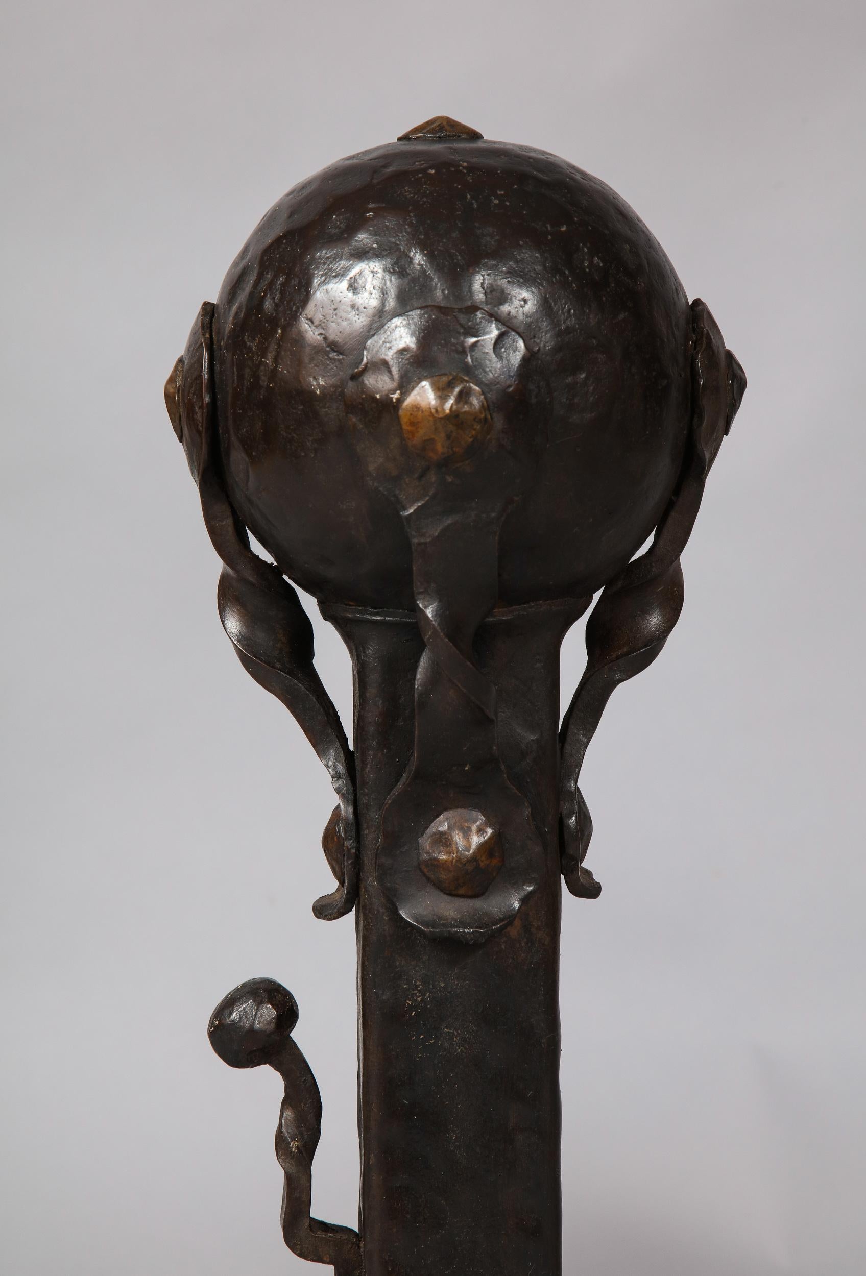 Pair of Iron and Bronze Strapwork Sphere Andirons en vente 5