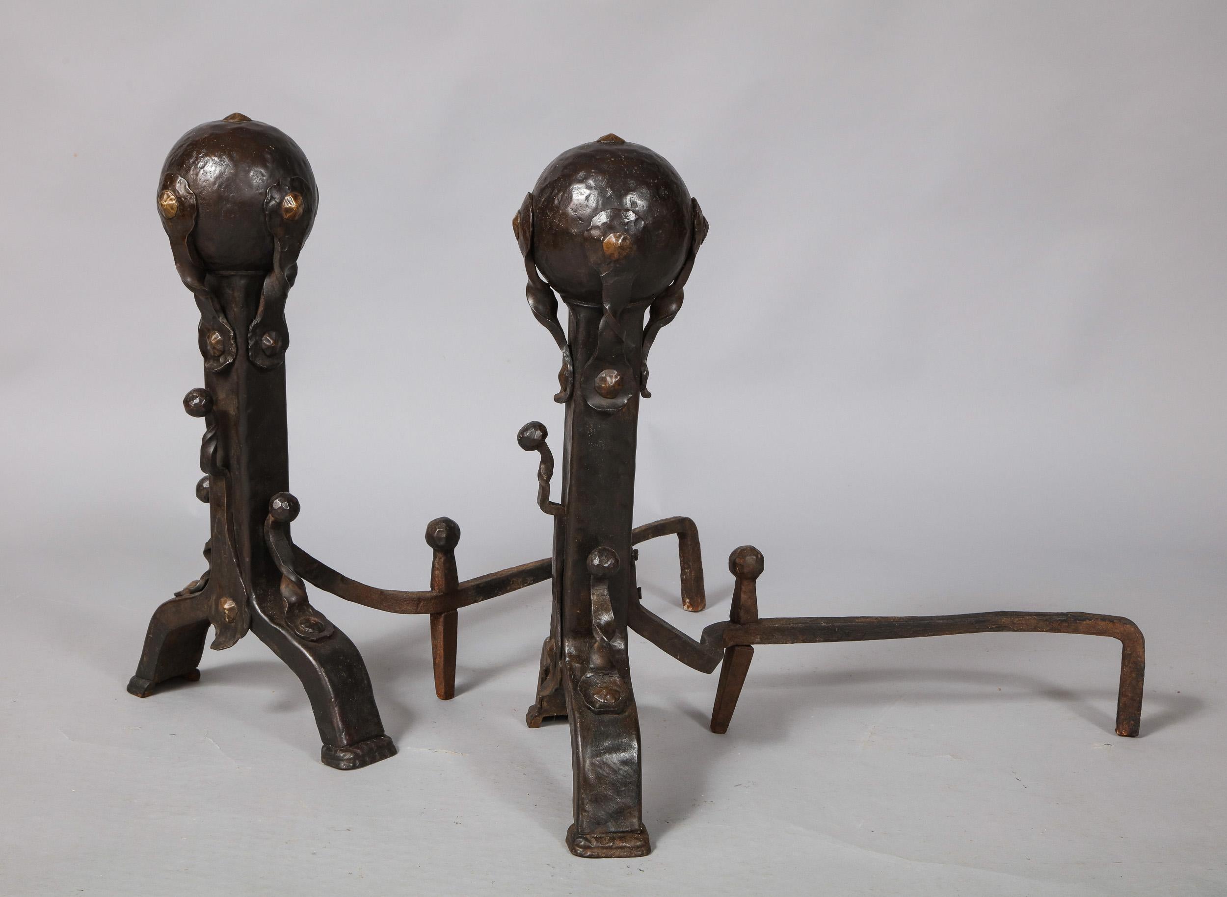 Pair of Iron and Bronze Strapwork Sphere Andirons For Sale 6