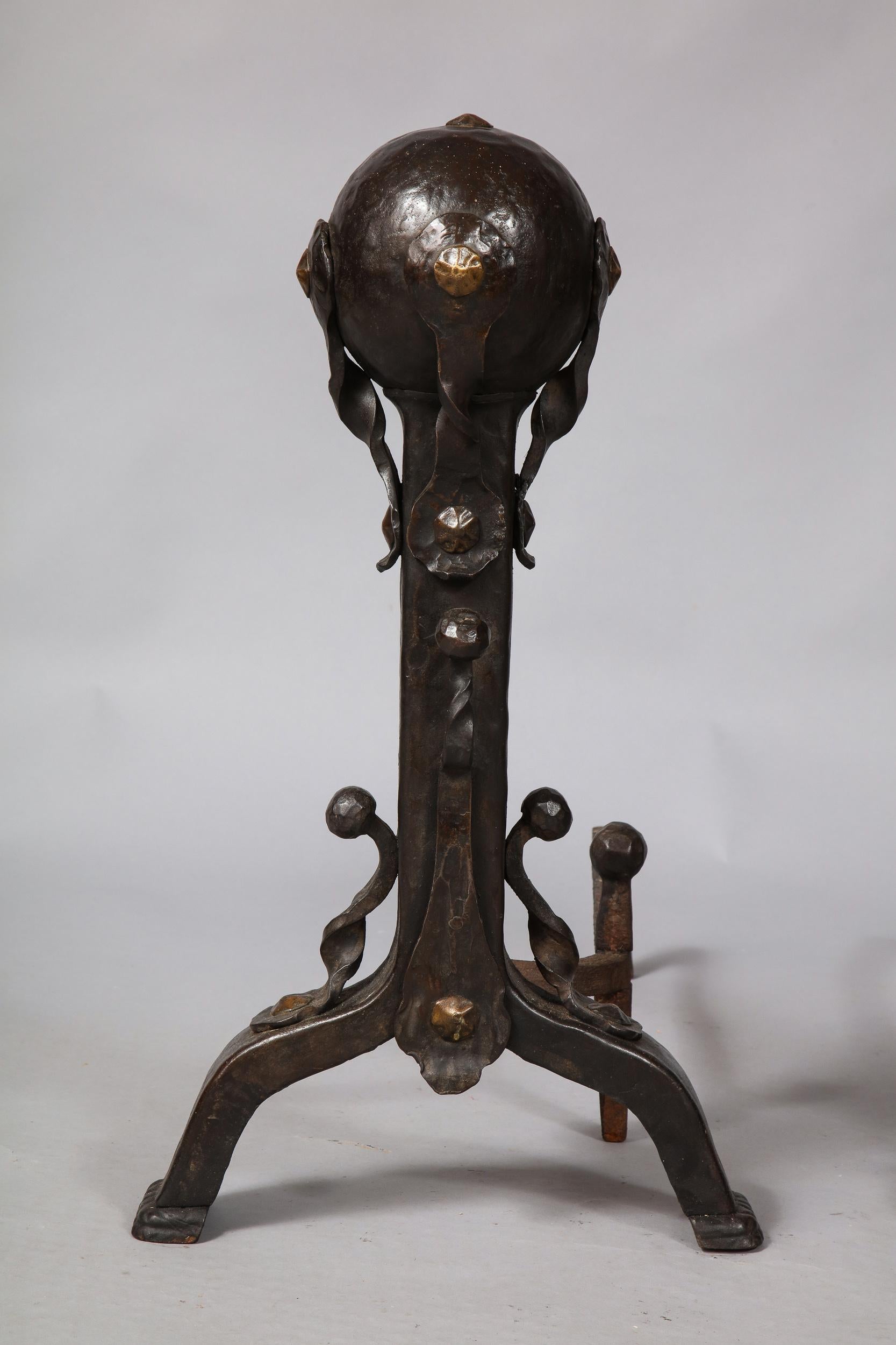 Arts and Crafts Pair of Iron and Bronze Strapwork Sphere Andirons en vente