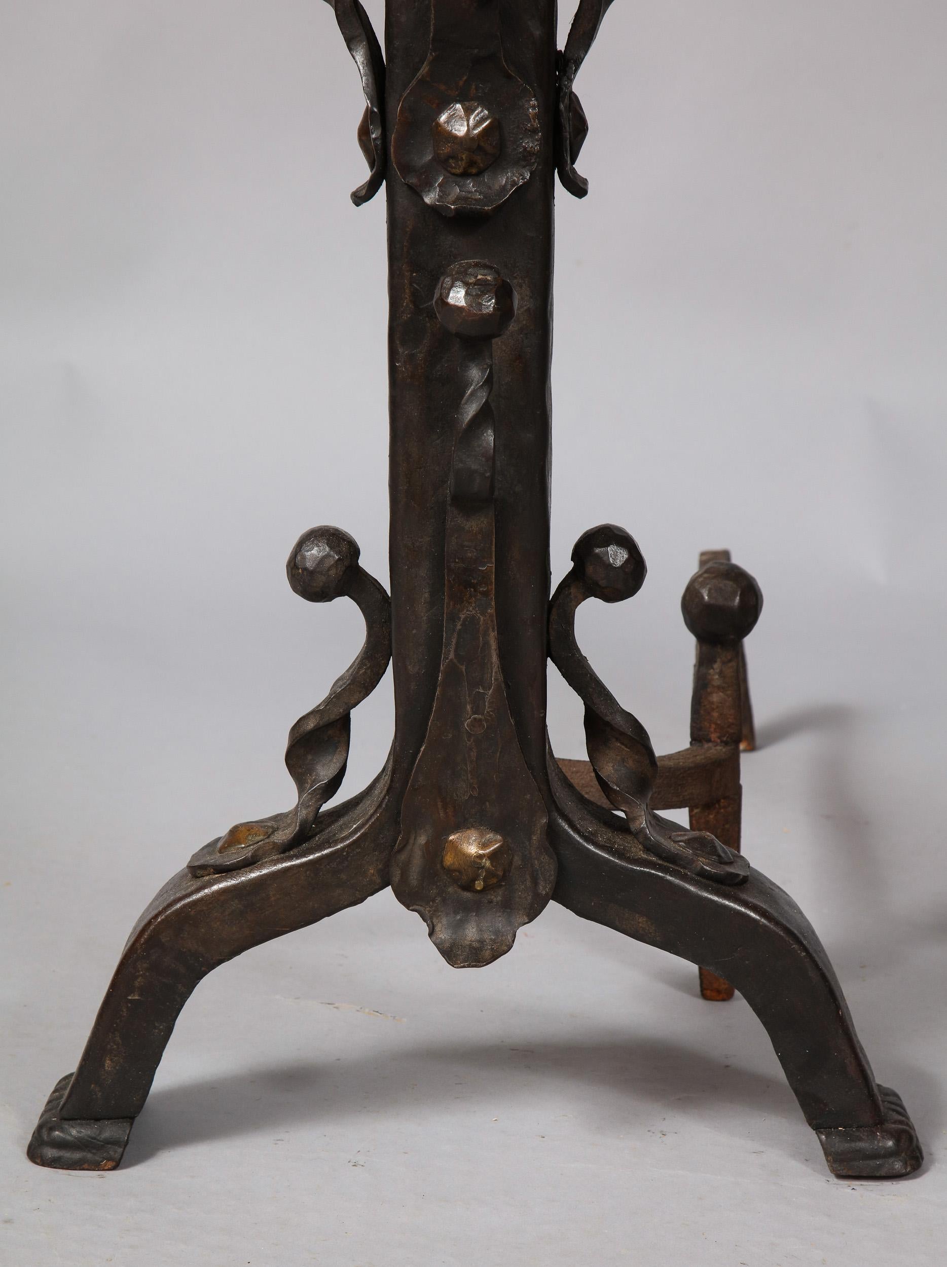 American Pair of Iron and Bronze Strapwork Sphere Andirons For Sale