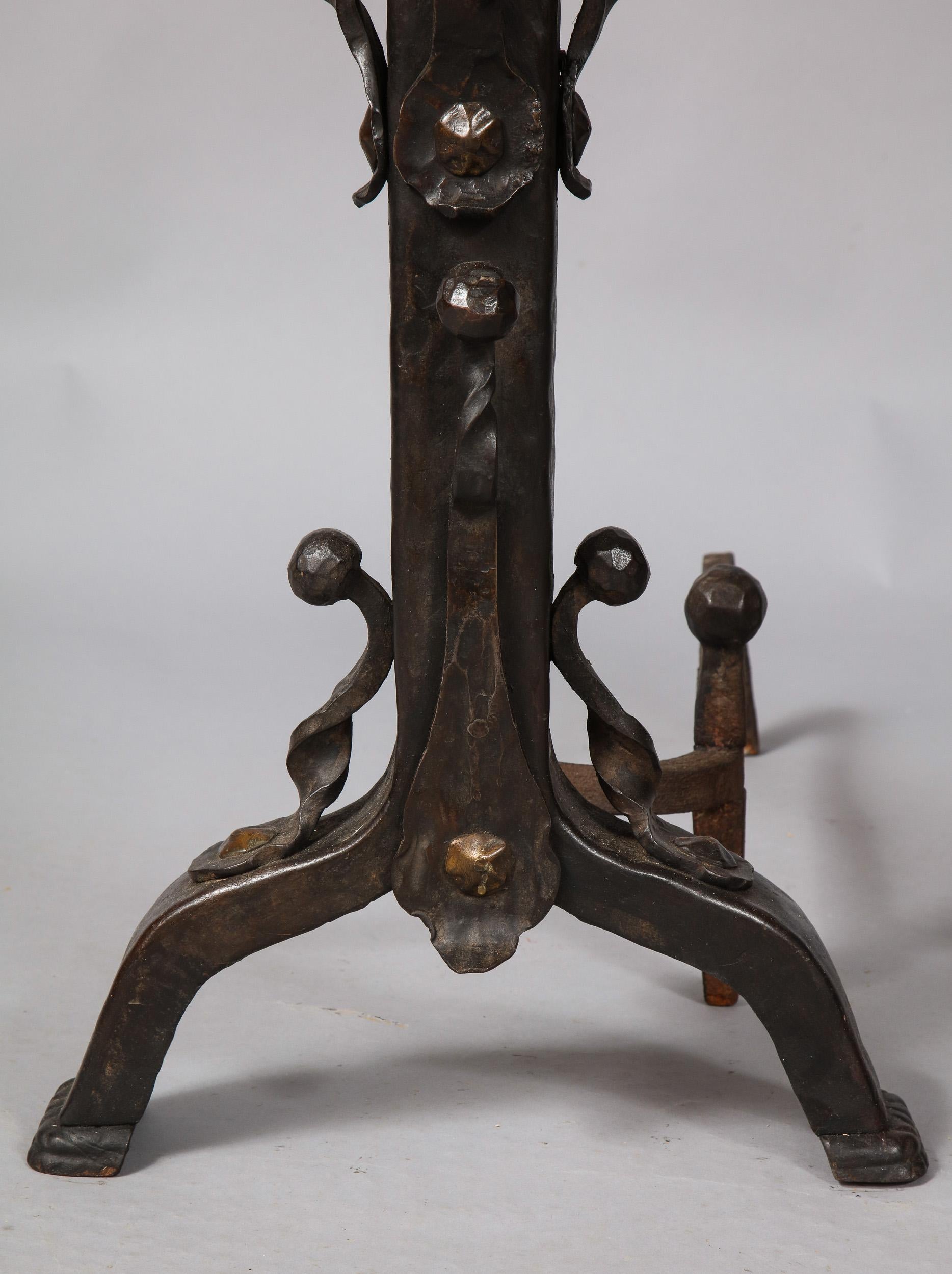 Américain Pair of Iron and Bronze Strapwork Sphere Andirons en vente