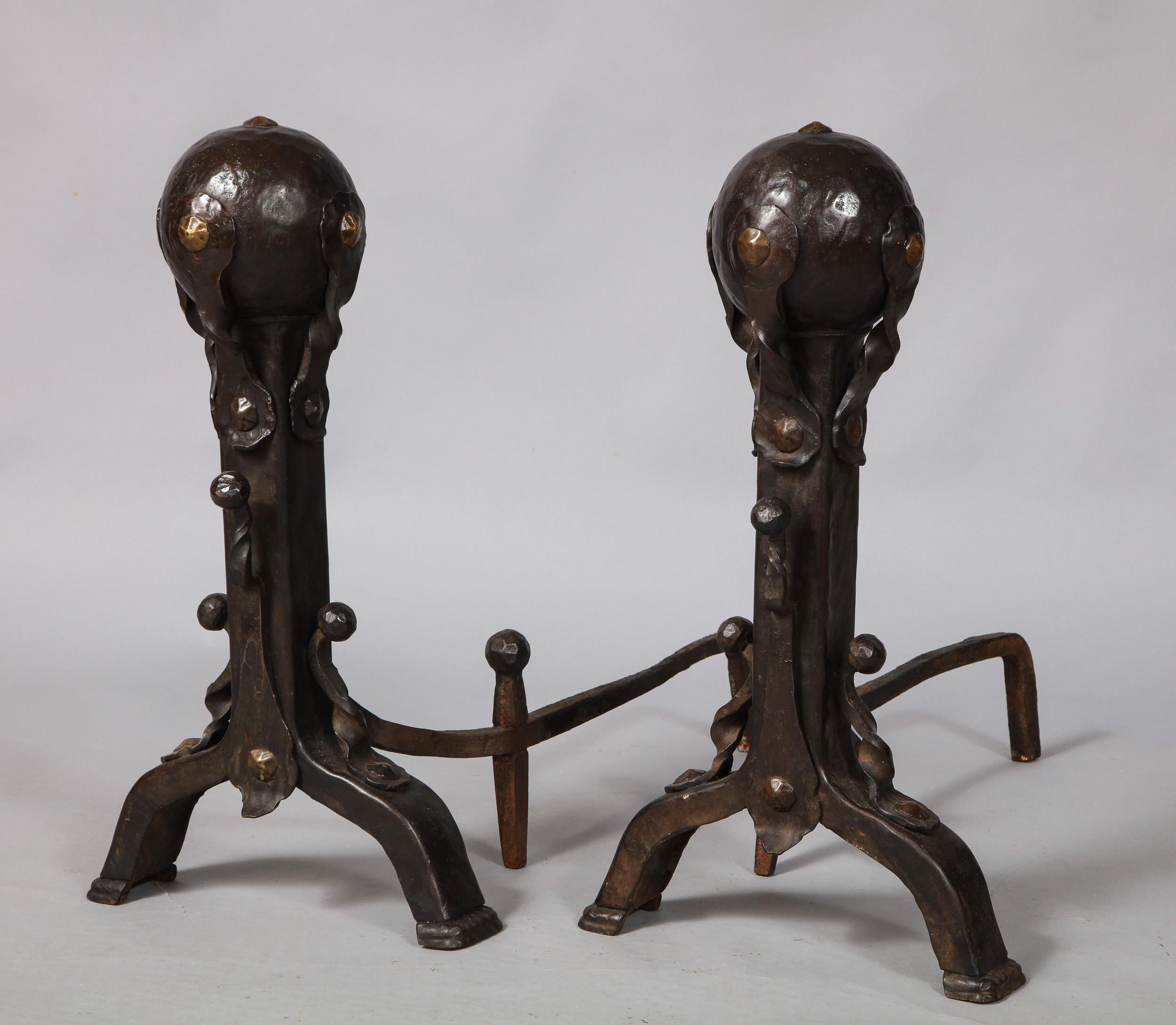 Pair of Iron and Bronze Strapwork Sphere Andirons In Good Condition For Sale In Greenwich, CT
