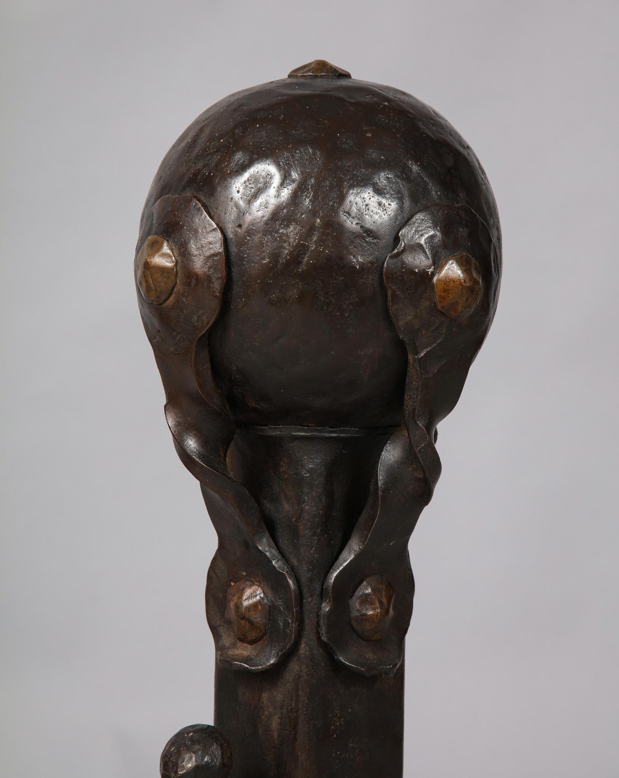 Pair of Iron and Bronze Strapwork Sphere Andirons en vente 1