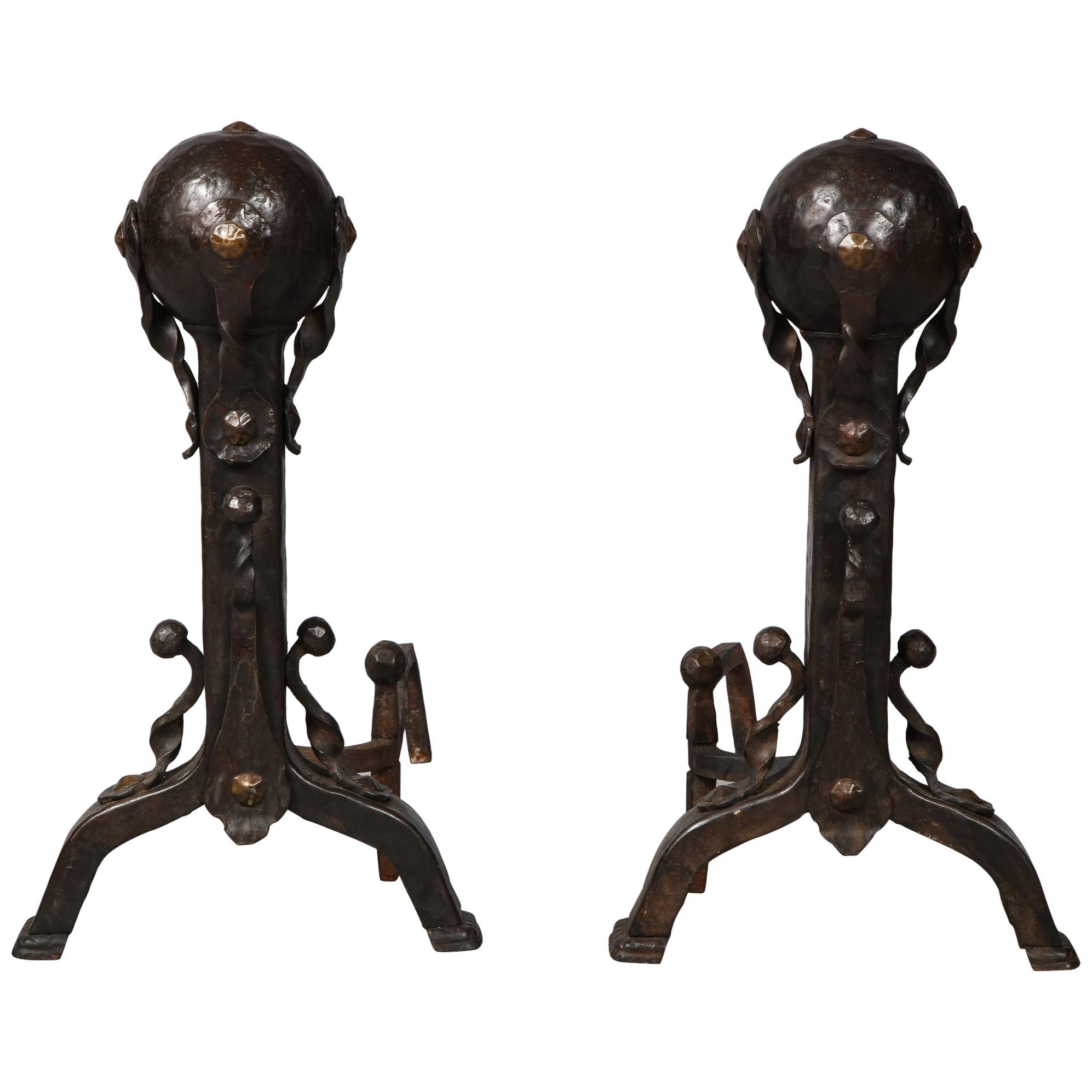 Pair of Iron and Bronze Strapwork Sphere Andirons For Sale