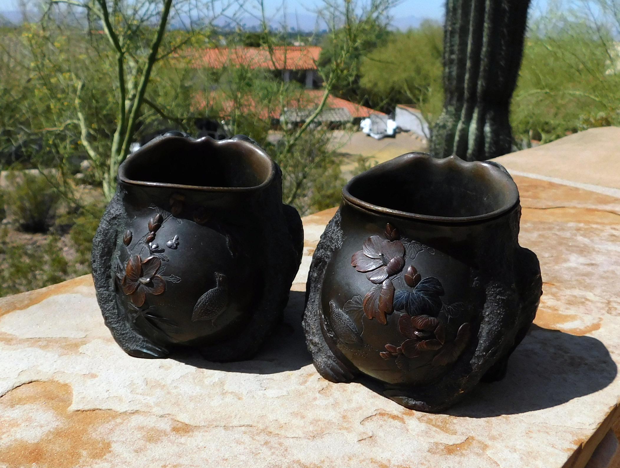 Pair of Mixed Metal Bronze Japanese Meiji Period Toad Brush Pots For Sale 5