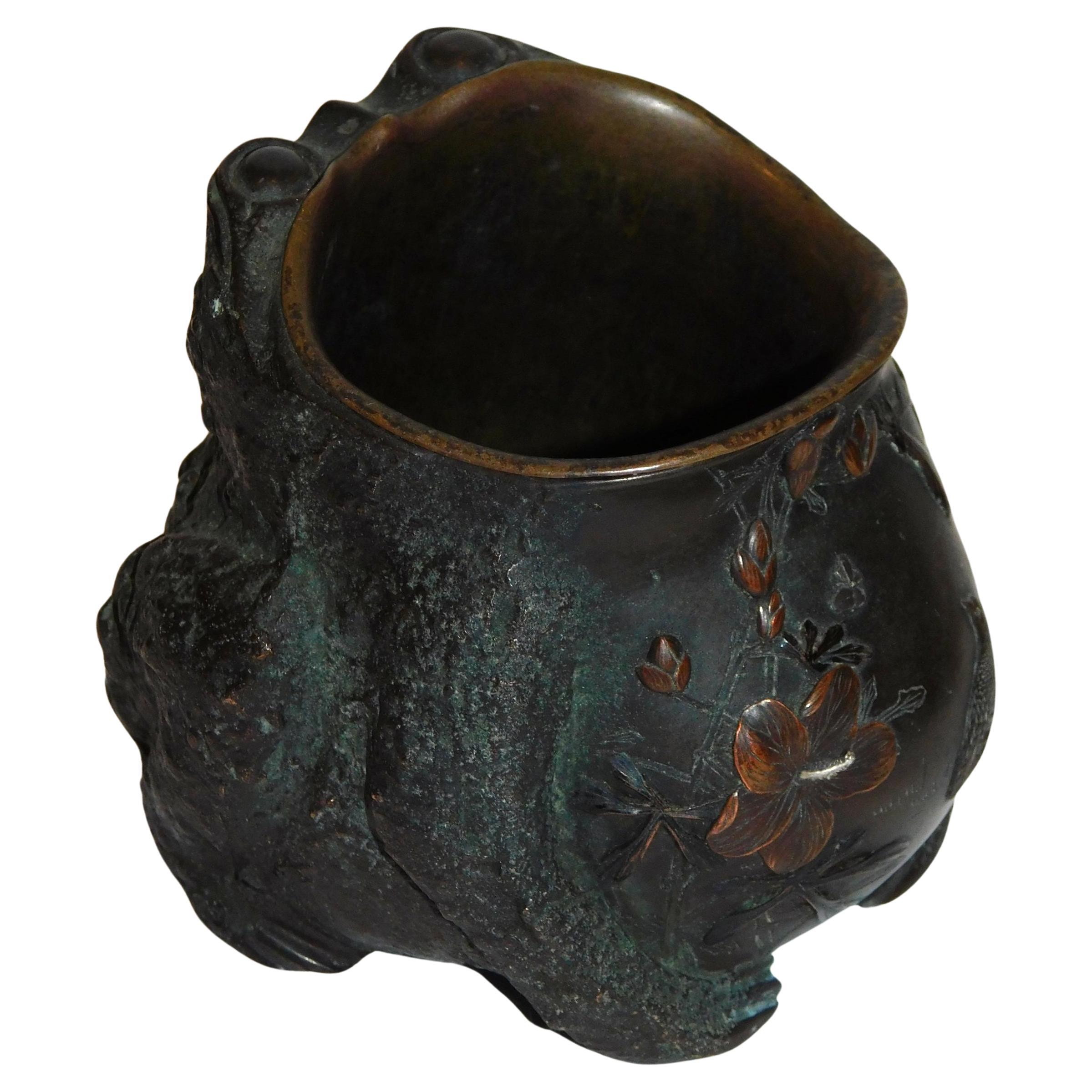 Pair of Mixed Metal Bronze Japanese Meiji Period Toad Brush Pots For Sale