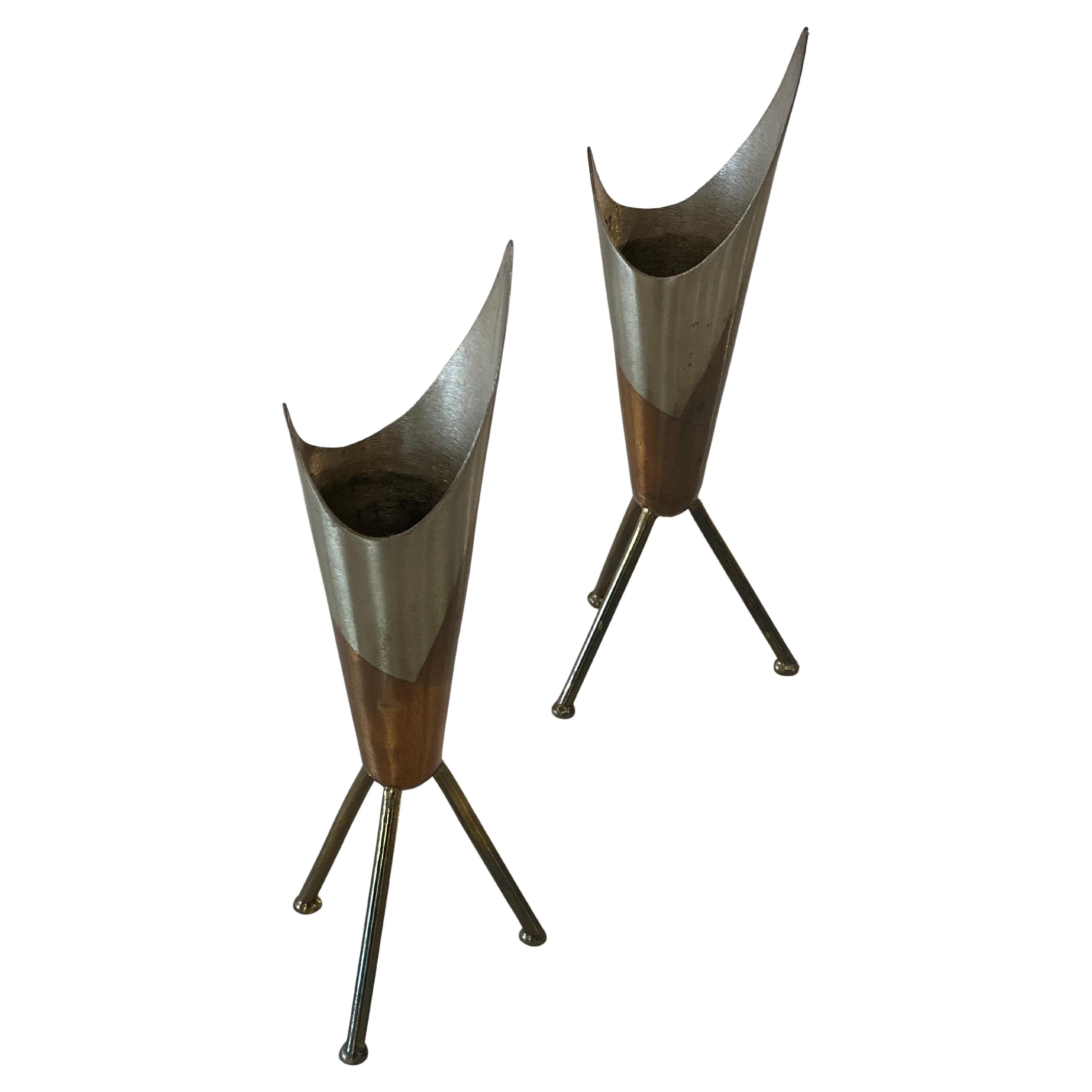 Pair of Mixed Metals Brass Copper Vessels by E. Cabello C.A. Mexico