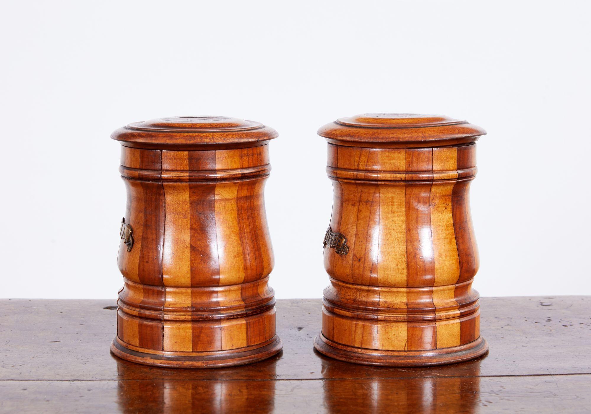 English Pair of Mixed Wood Tea and Coffee Vessels For Sale