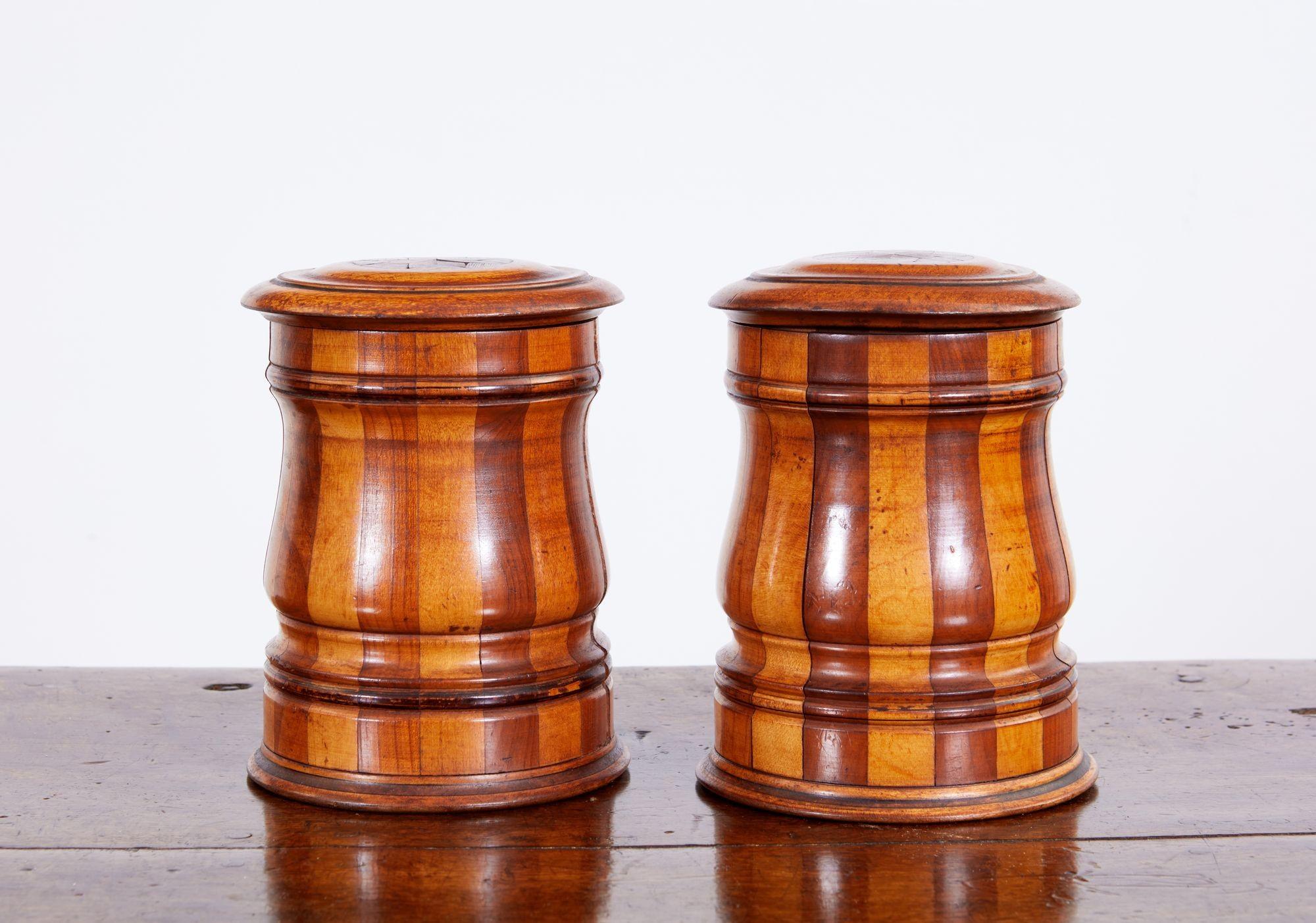 Turned Pair of Mixed Wood Tea and Coffee Vessels For Sale