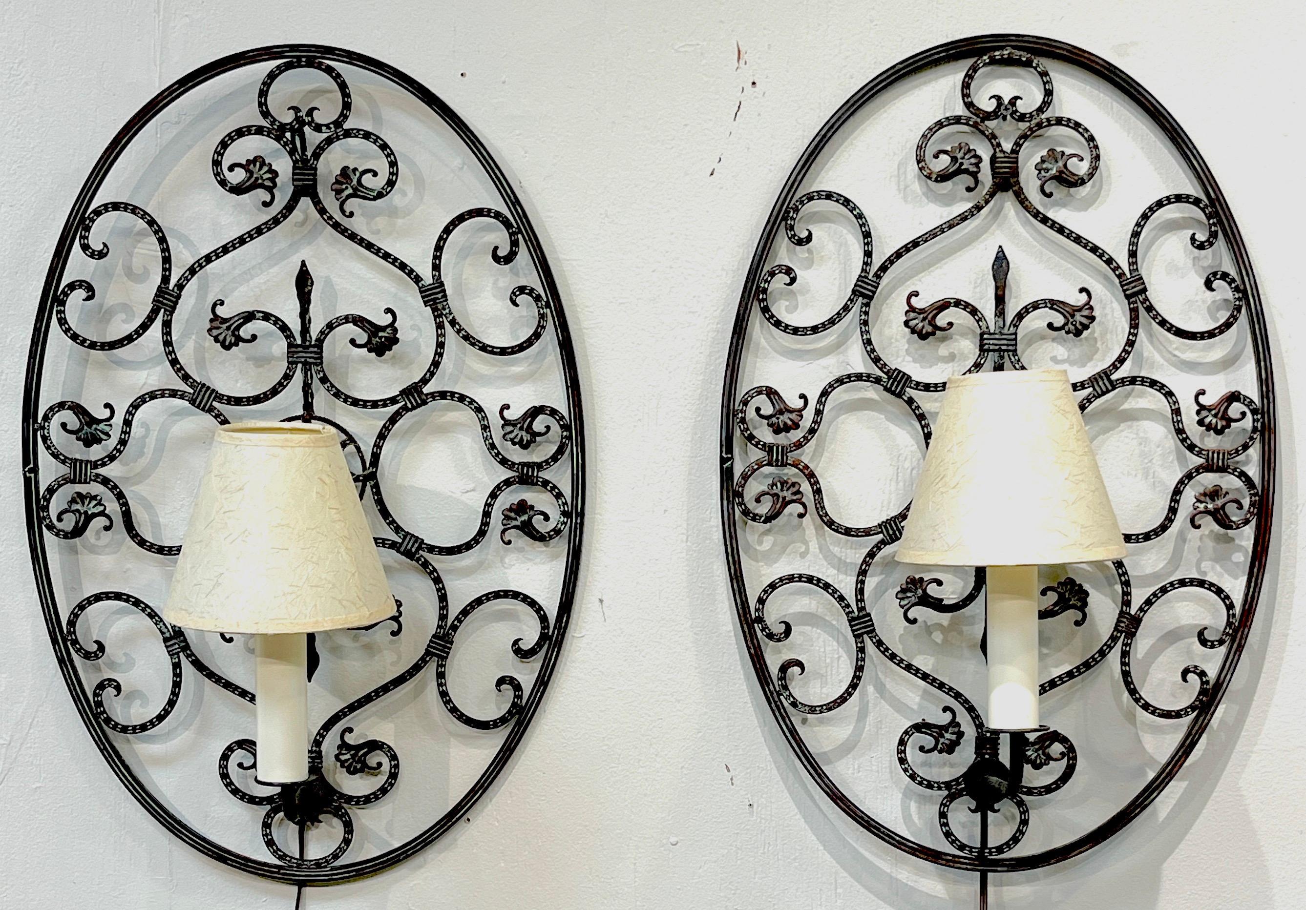 Pair of Mizner Style Neoclassic Pierced Bronze Oval Shield Sconces    For Sale 2
