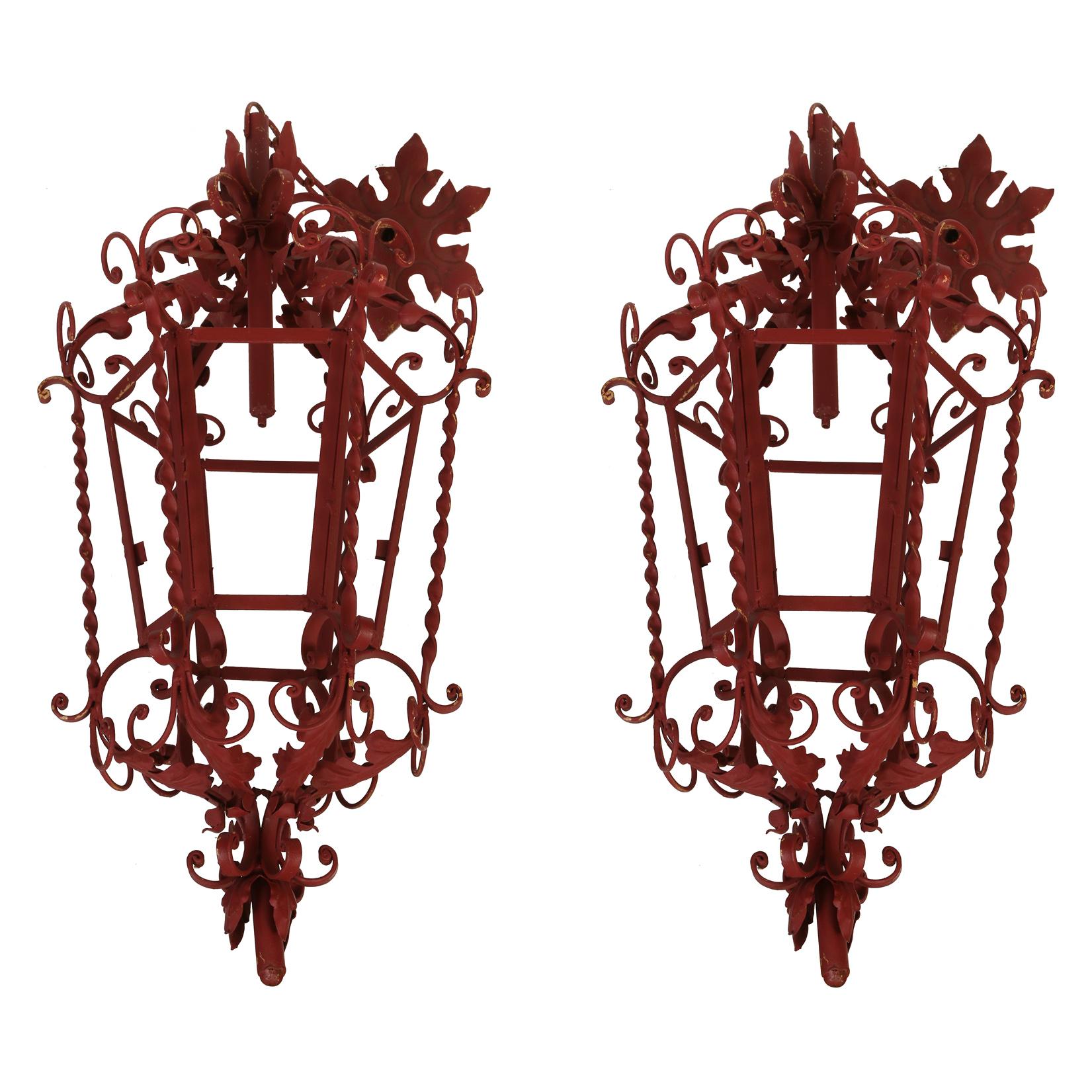 Hand-Painted Pair of Mizner Style Red Painted Iron Lanterns For Sale