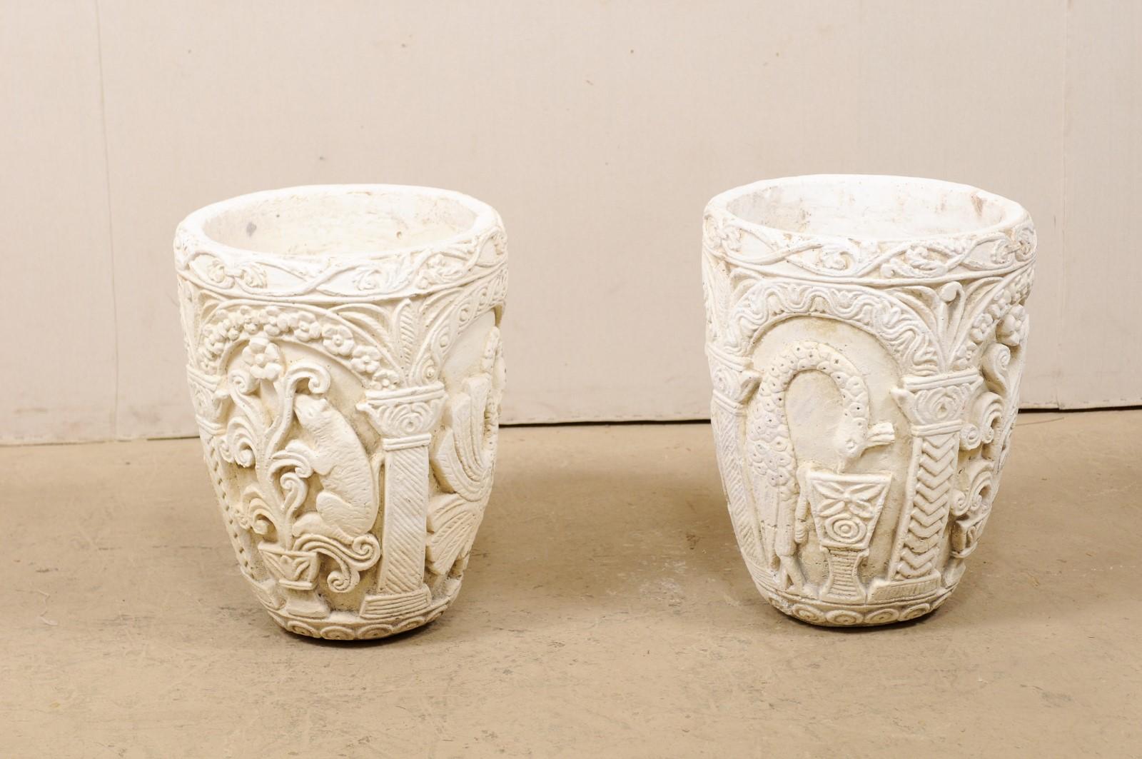 Cast Stone Pair of Mizner-Style Richly Decorated Cast-Stone Planters, 2+ Ft Tall