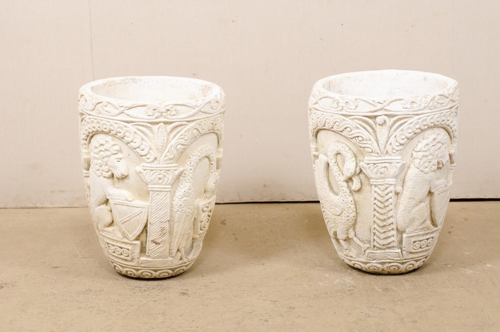 Pair of Mizner-Style Richly Decorated Cast-Stone Planters, 2+ Ft Tall 2