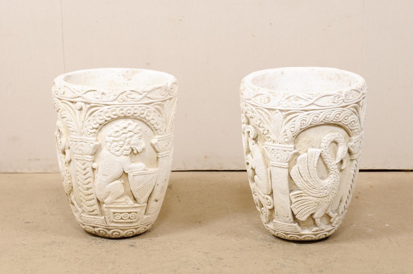Pair of Mizner-Style Richly Decorated Cast-Stone Planters, 2+ Ft Tall 3
