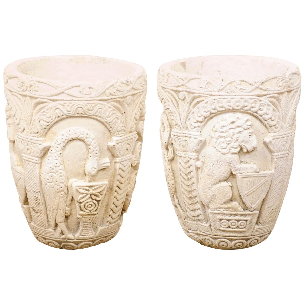 Pair of Mizner-Style Richly Decorated Cast-Stone Planters, 2+ Ft Tall